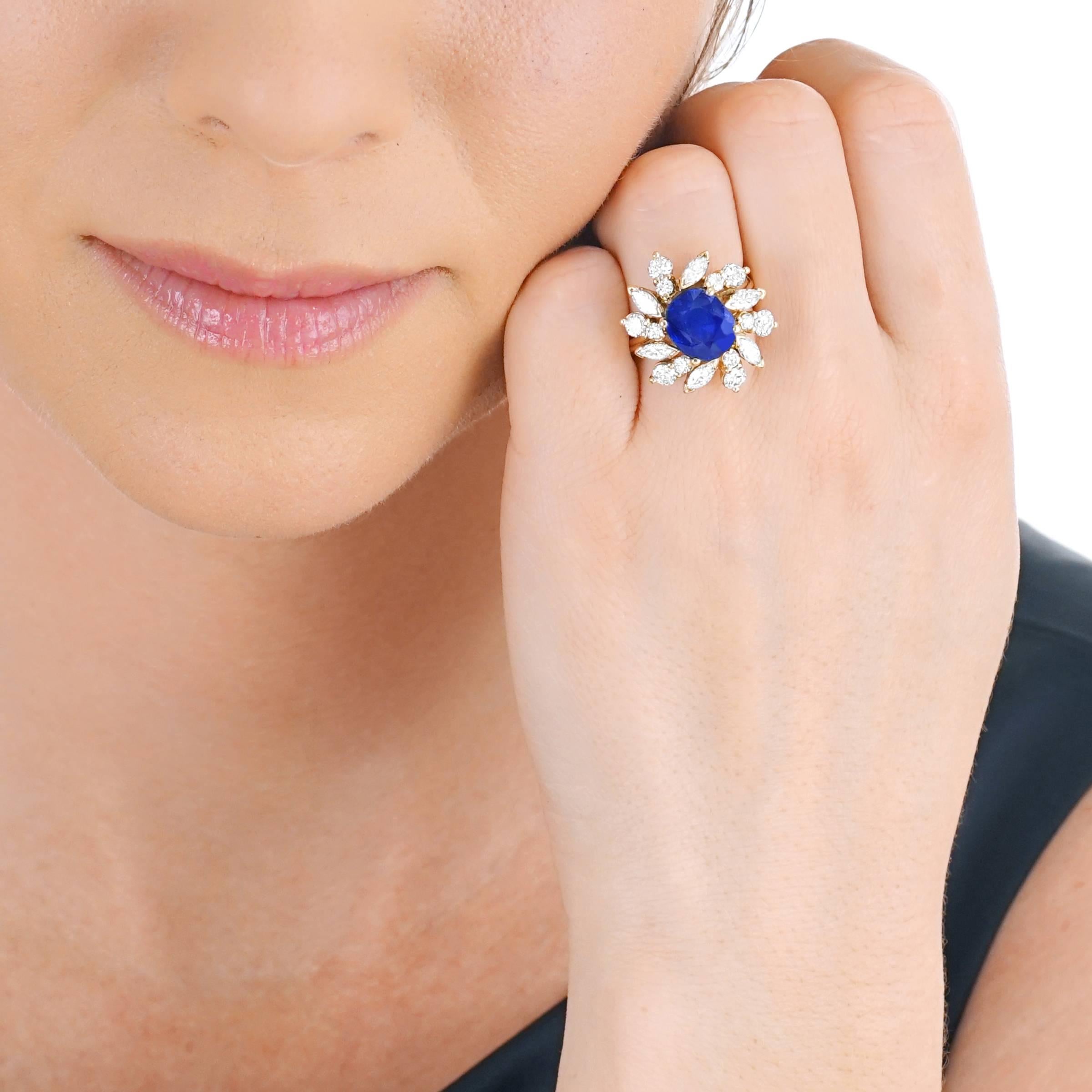 Women's French Art Deco 3.57ct No Heat Sapphire and Diamond Set Gold Ring