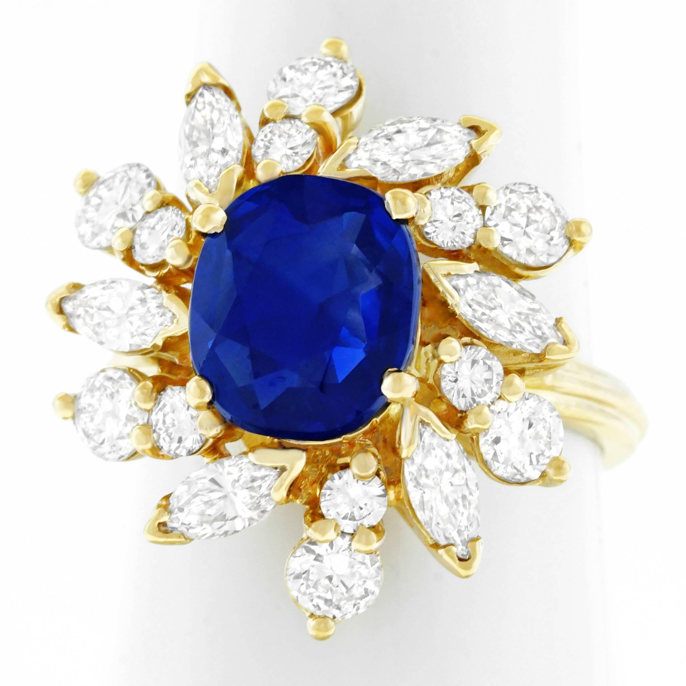French Art Deco 3.57ct No Heat Sapphire and Diamond Set Gold Ring 5