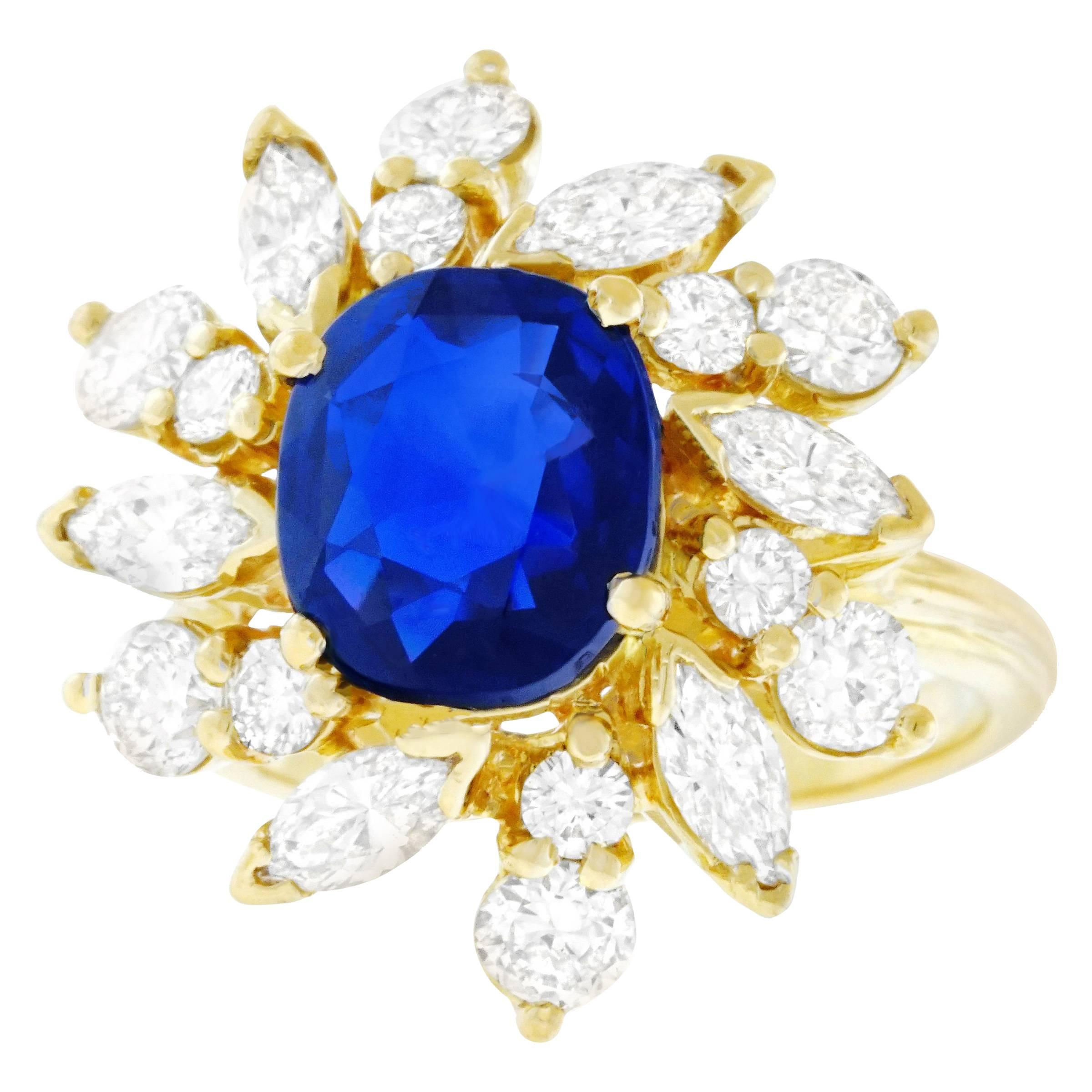 French Art Deco 3.57ct No Heat Sapphire and Diamond Set Gold Ring