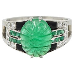 French Art Deco 4.10 CTW Emerald Diamond Onyx Platinum Carved Antique Ring