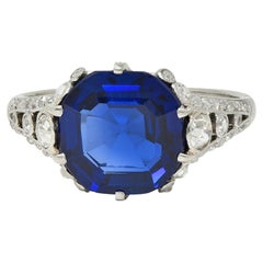 French Art Deco 4.37 CTW No Heat Burma Sapphire Platinum Antique Burmese Ring