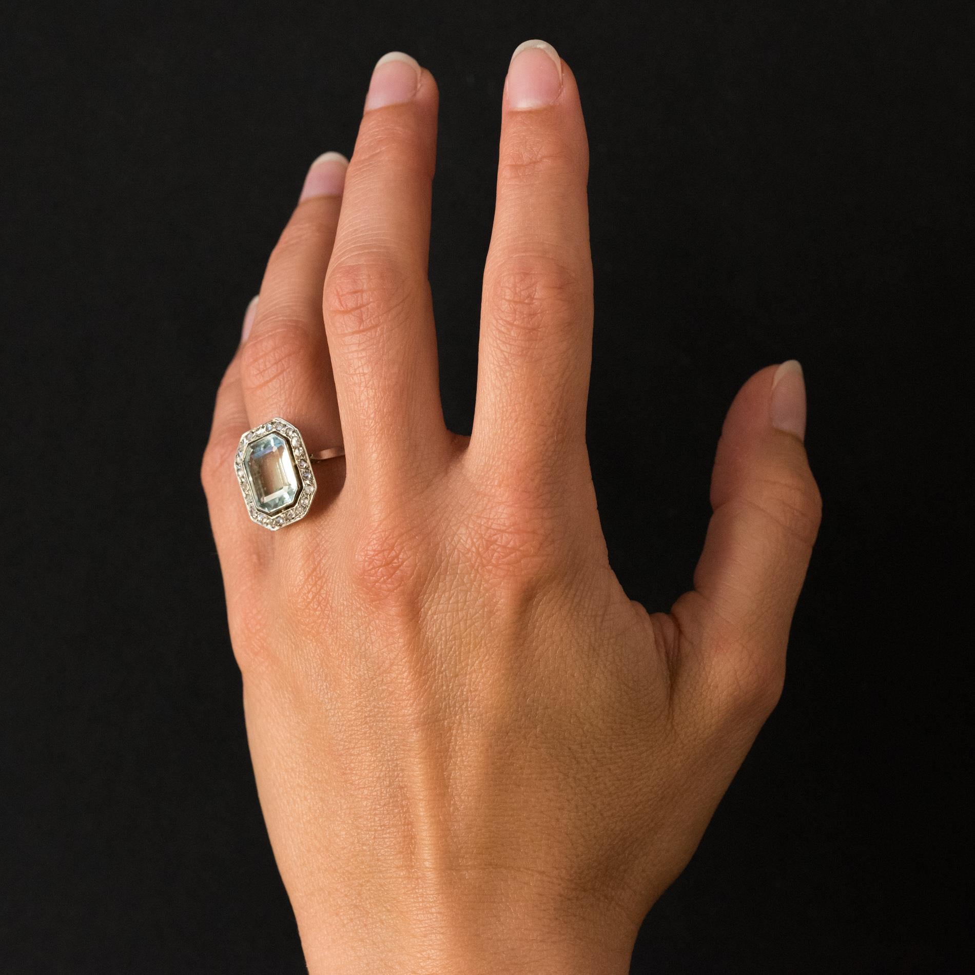 French Art Deco 4.47 Carat Aquamarine Diamond 18 Karat White Gold Ring 6