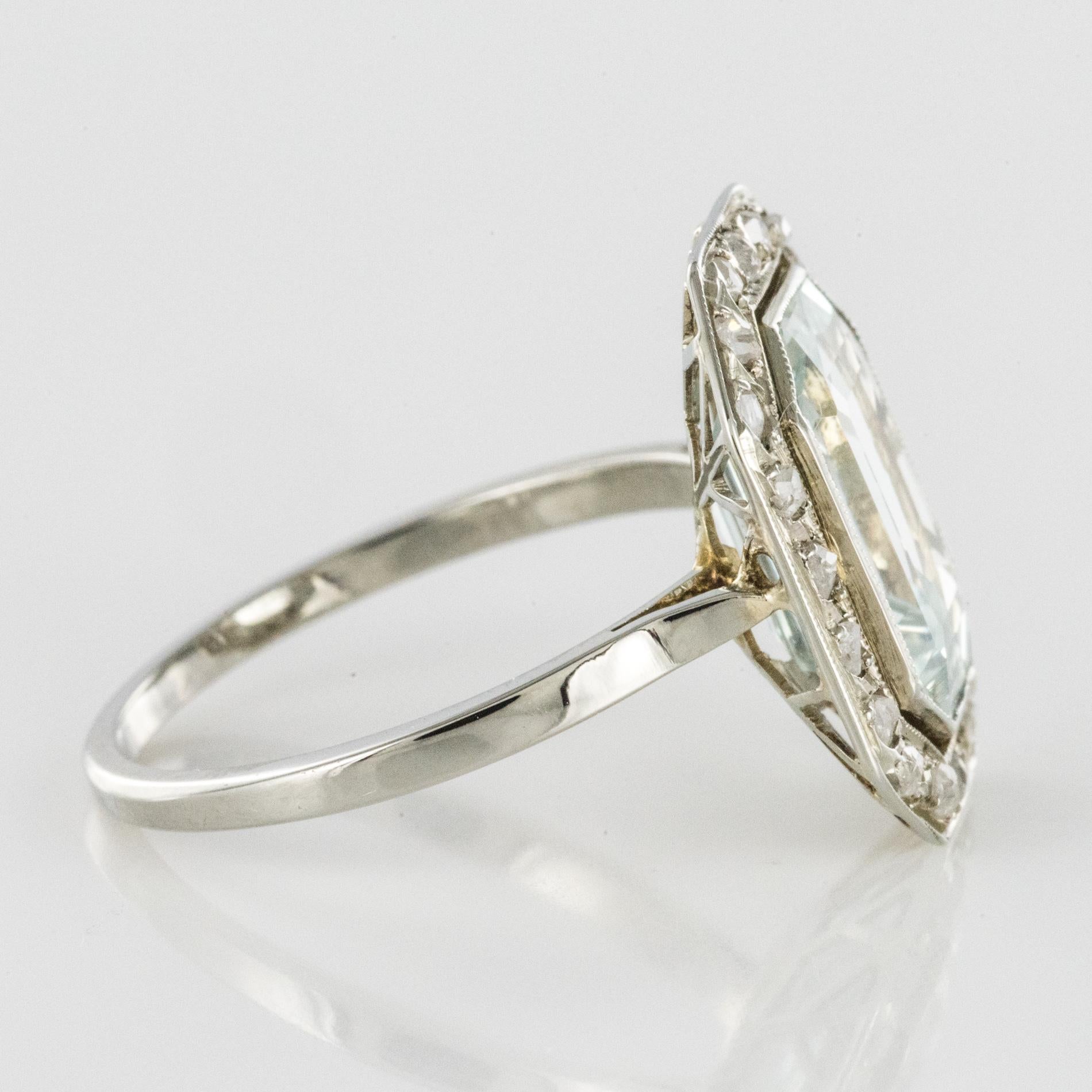 French Art Deco 4.47 Carat Aquamarine Diamond 18 Karat White Gold Ring 7