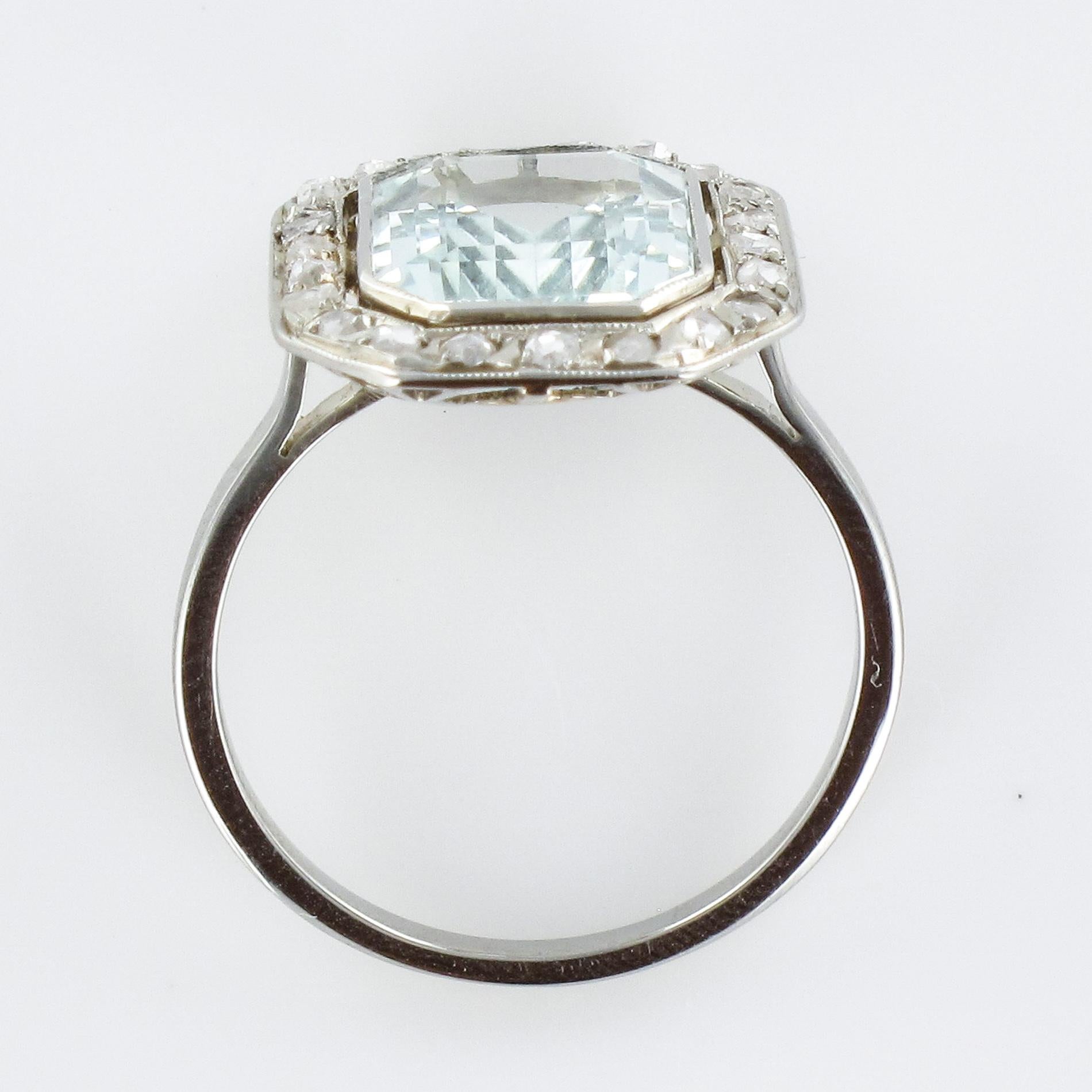 French Art Deco 4.47 Carat Aquamarine Diamond 18 Karat White Gold Ring 10