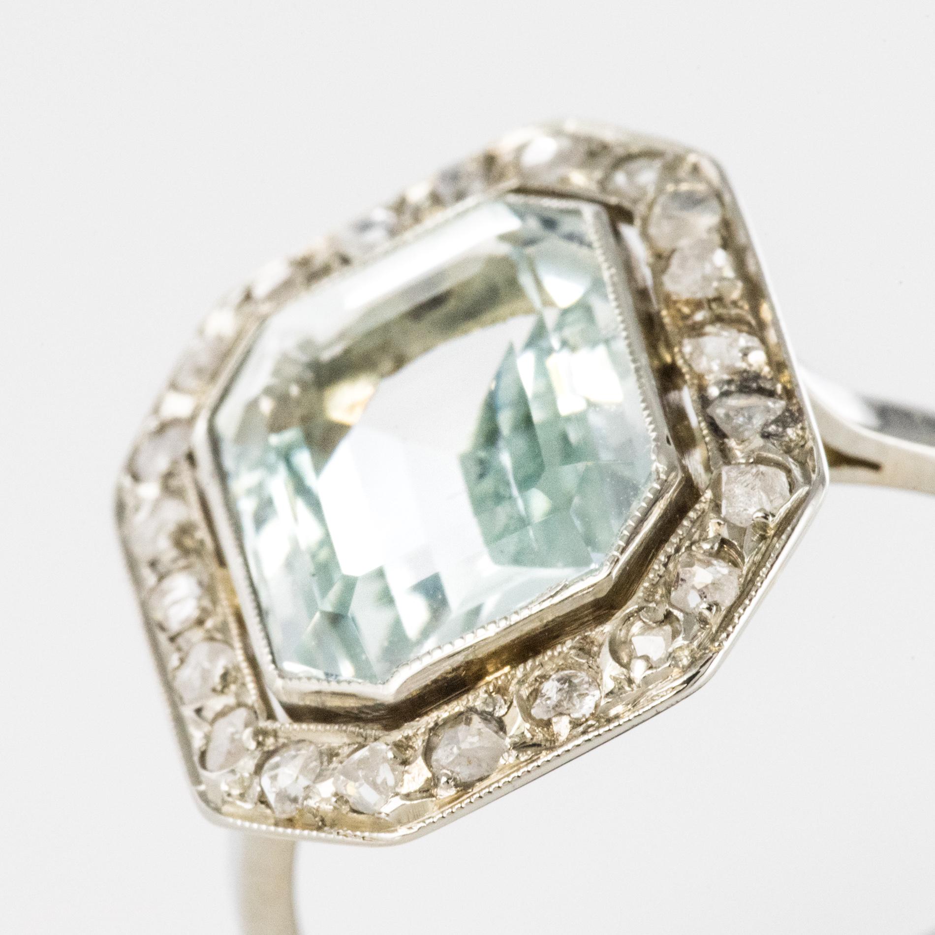 Women's French Art Deco 4.47 Carat Aquamarine Diamond 18 Karat White Gold Ring