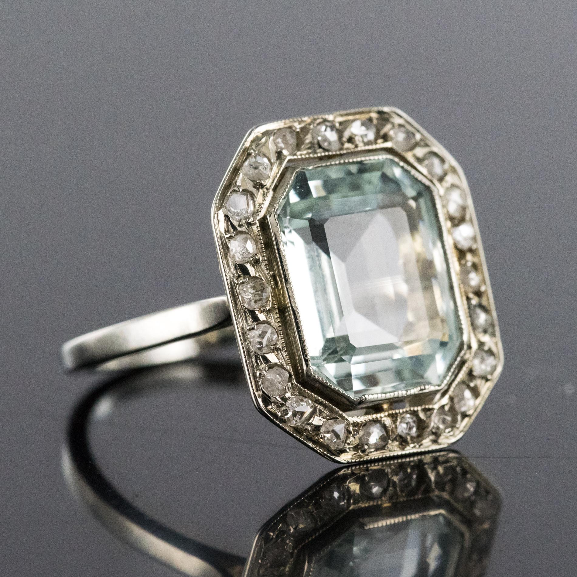 French Art Deco 4.47 Carat Aquamarine Diamond 18 Karat White Gold Ring 1