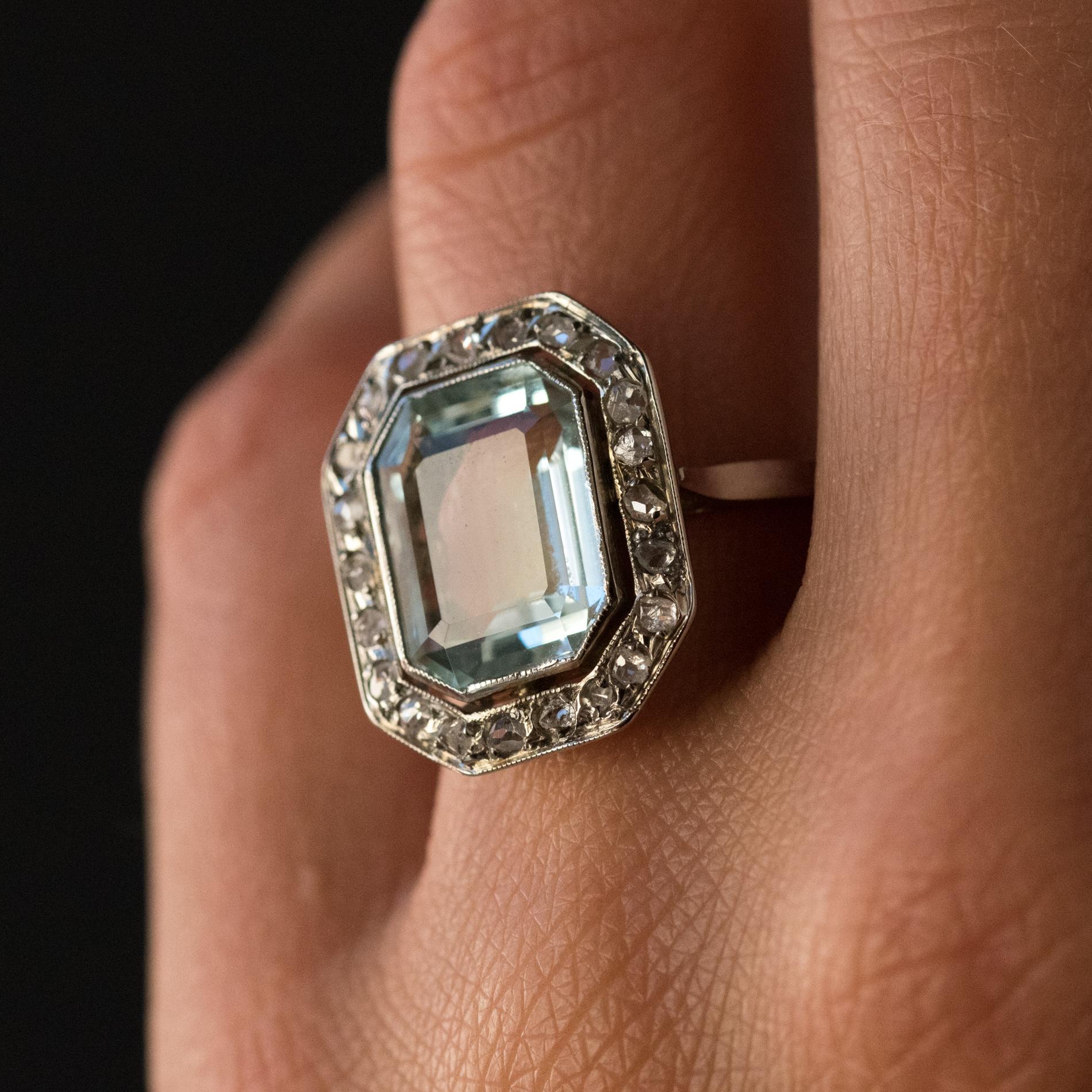 French Art Deco 4.47 Carat Aquamarine Diamond 18 Karat White Gold Ring 2