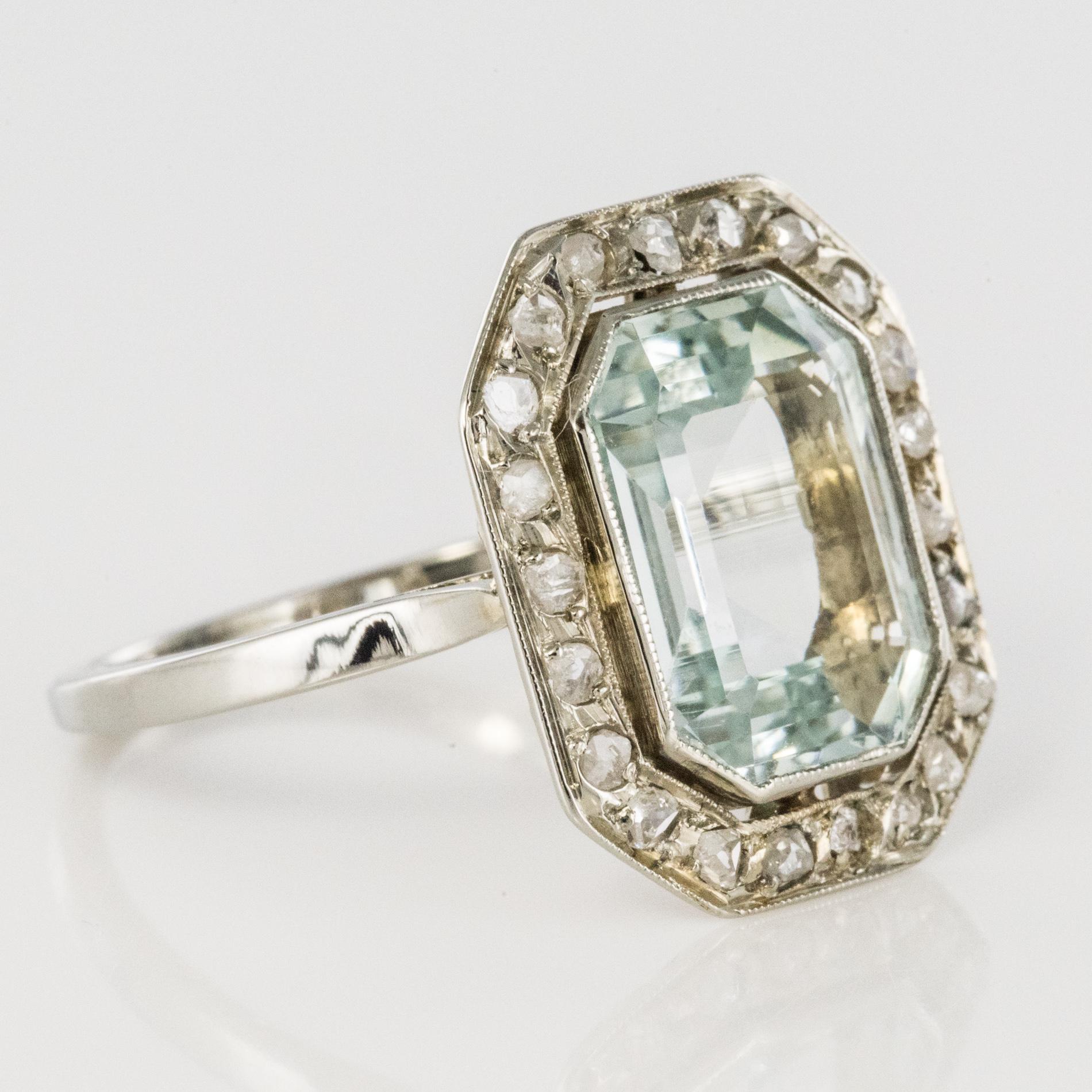 French Art Deco 4.47 Carat Aquamarine Diamond 18 Karat White Gold Ring 5