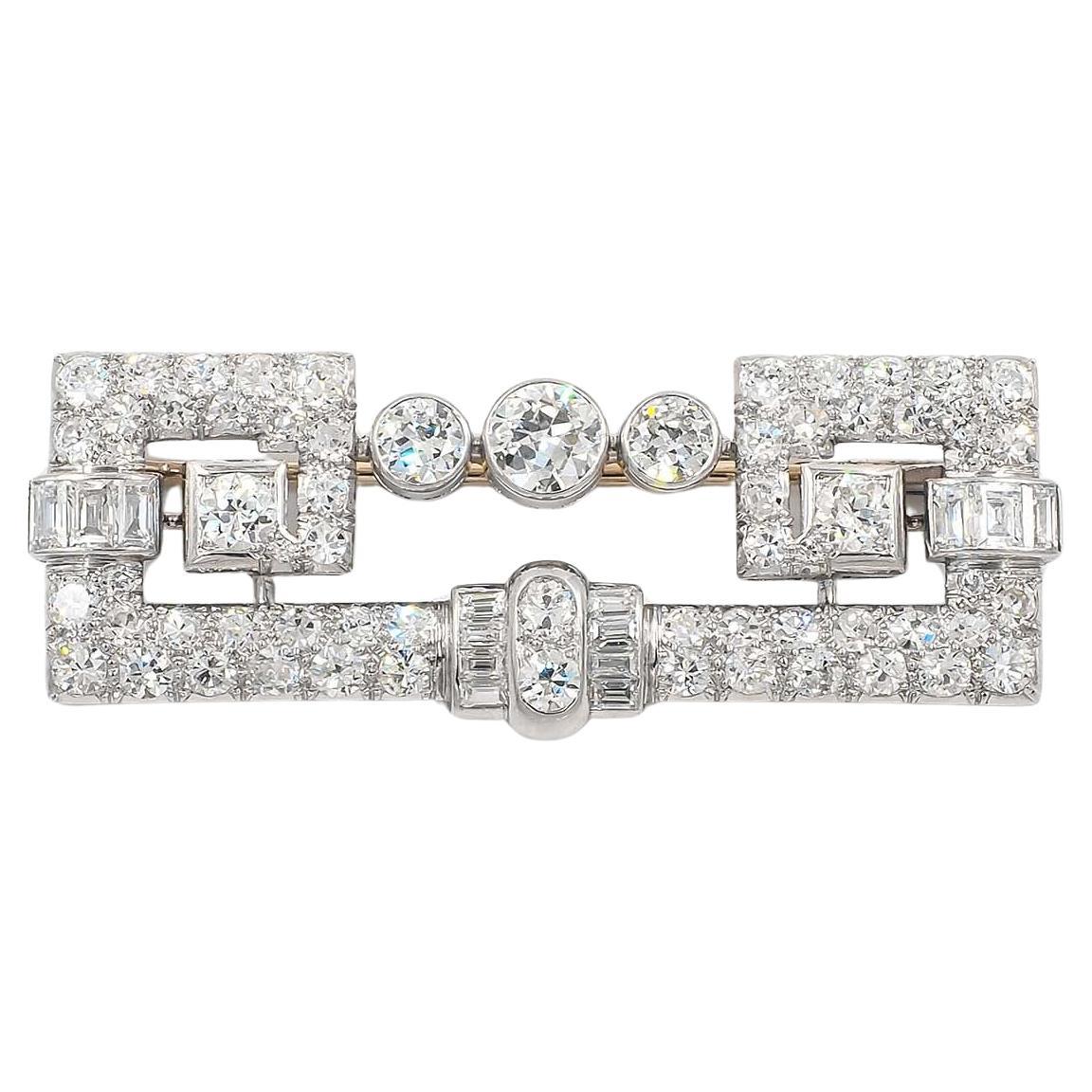 French Art Deco 4.50 Ctw. Mixed Cut Diamond & Platinum Geometric Brooch