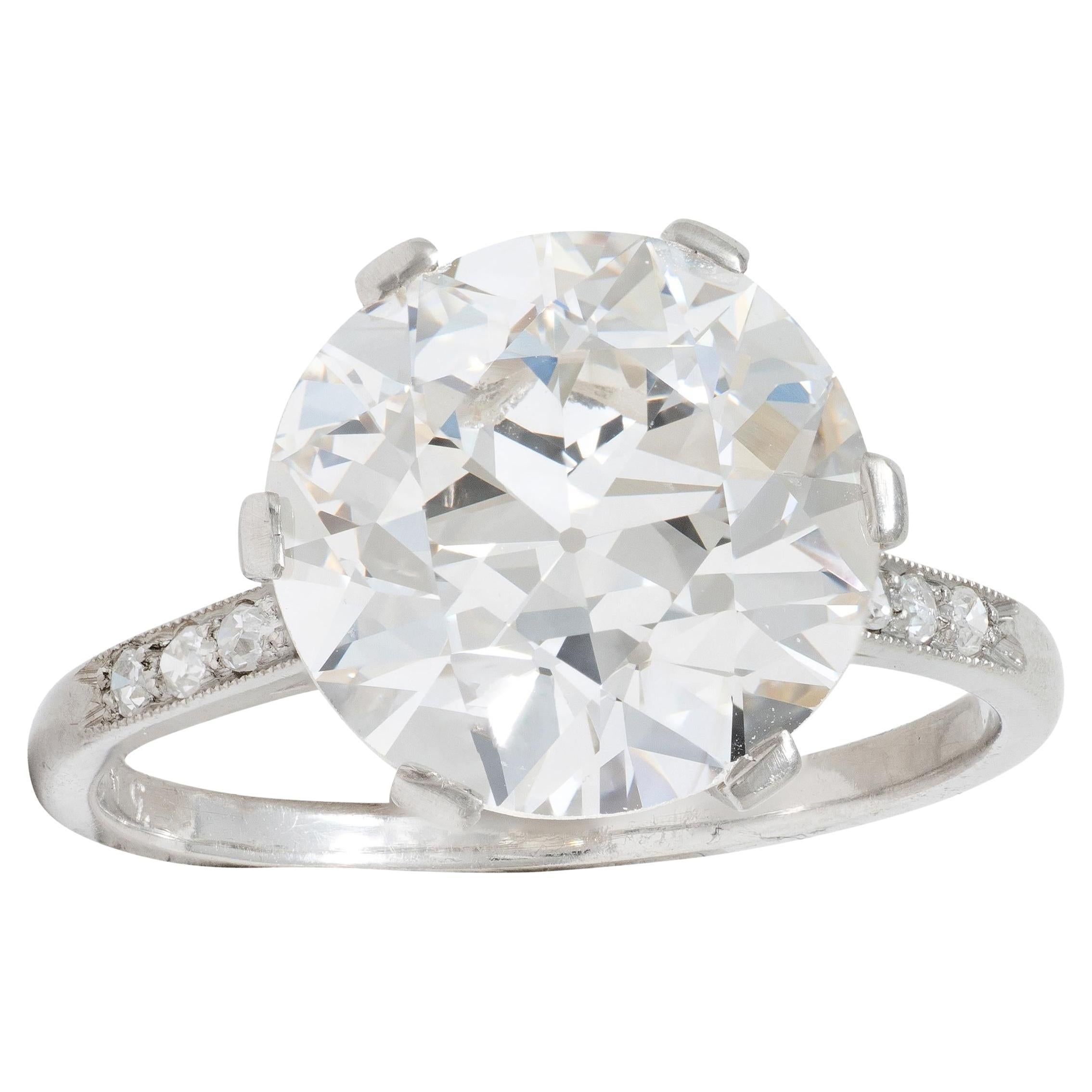French Art Deco 5.12 CTW Diamond Platinum Foliate Vintage Engagement Ring GIA For Sale