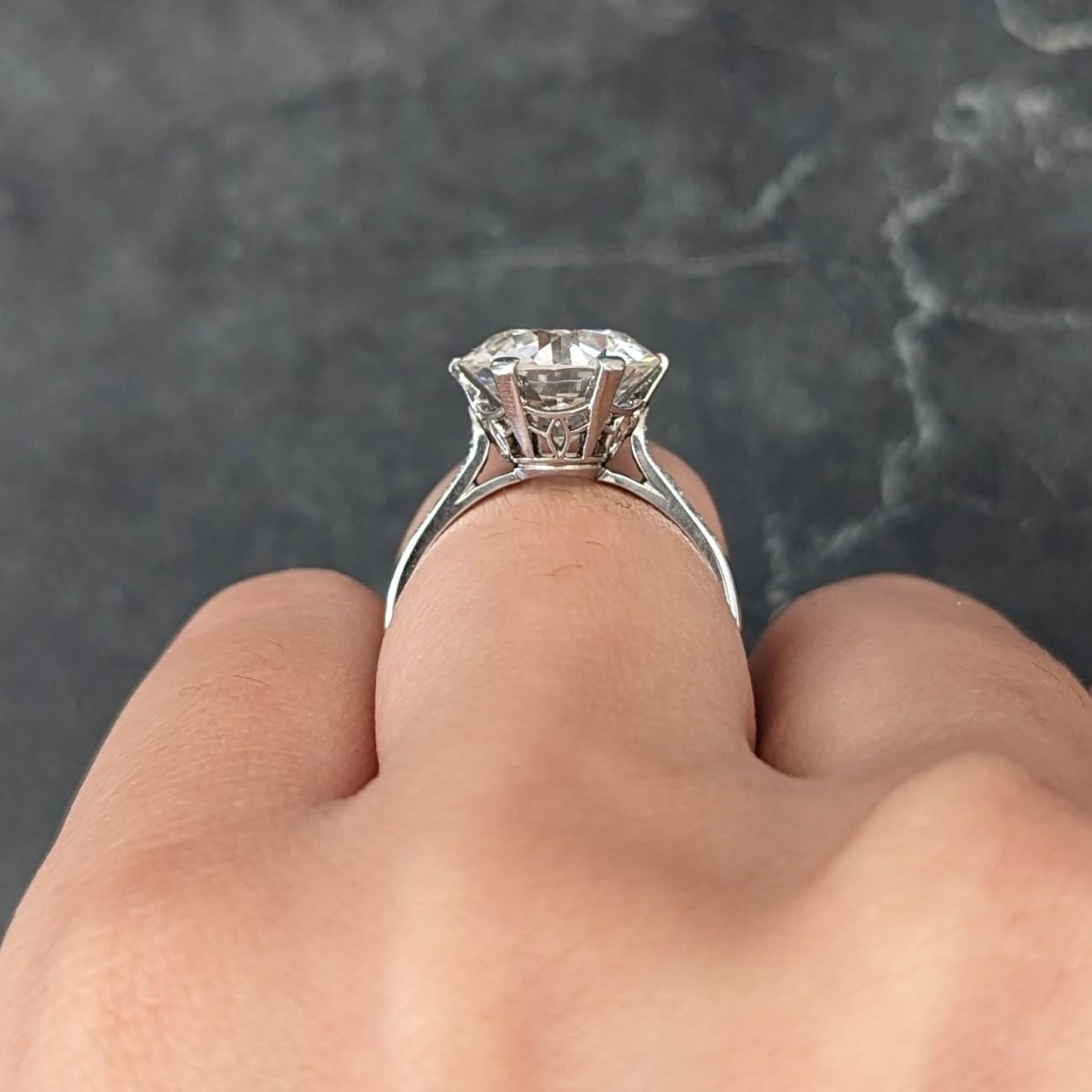 French Art Deco 5.12 CTW Old European Cut Diamond Platinum Engagement Ring For Sale 9