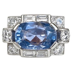 French Art Deco 5ct Unheated Burmese Sapphire & Diamond Platinum Ring - GRS Cert