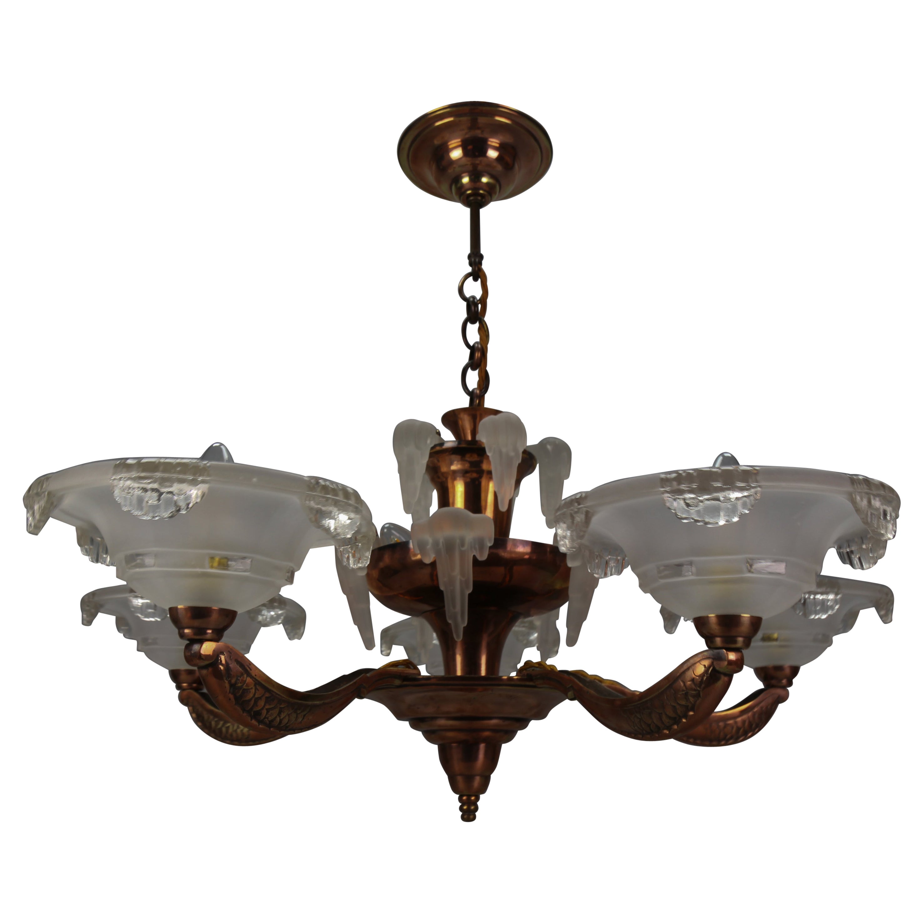 Lampadario francese Art Deco a 7 luci in vetro smerigliato, ottone e rame, anni '30