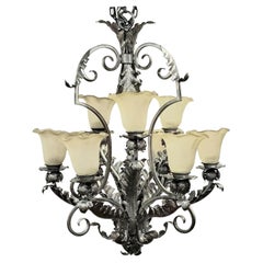 French Art Deco 9-Light Hand-Forged Wrought Iron Acanthus Chandelier