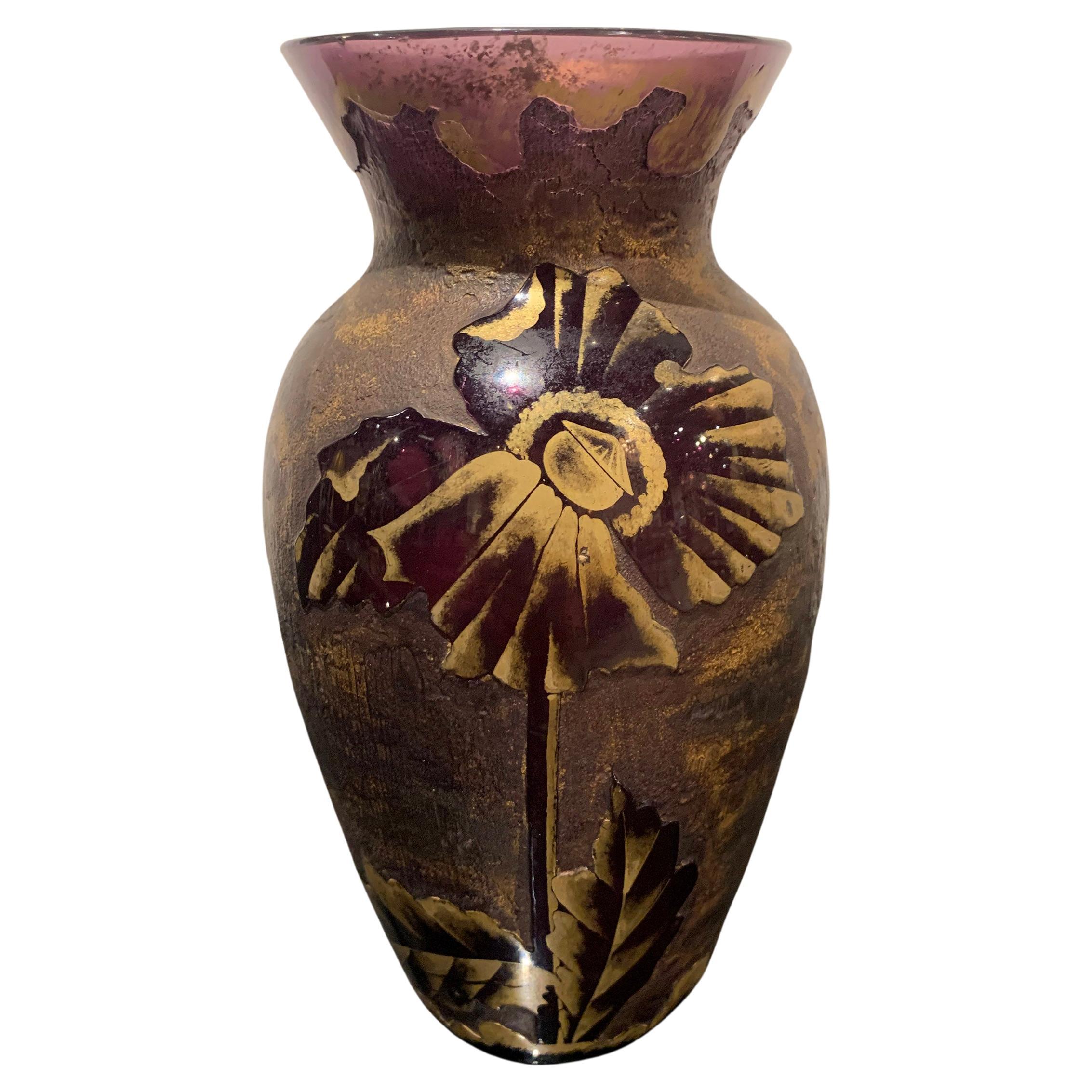 French Art Deco Acid Etched Glass Vase, Attributed to Daum