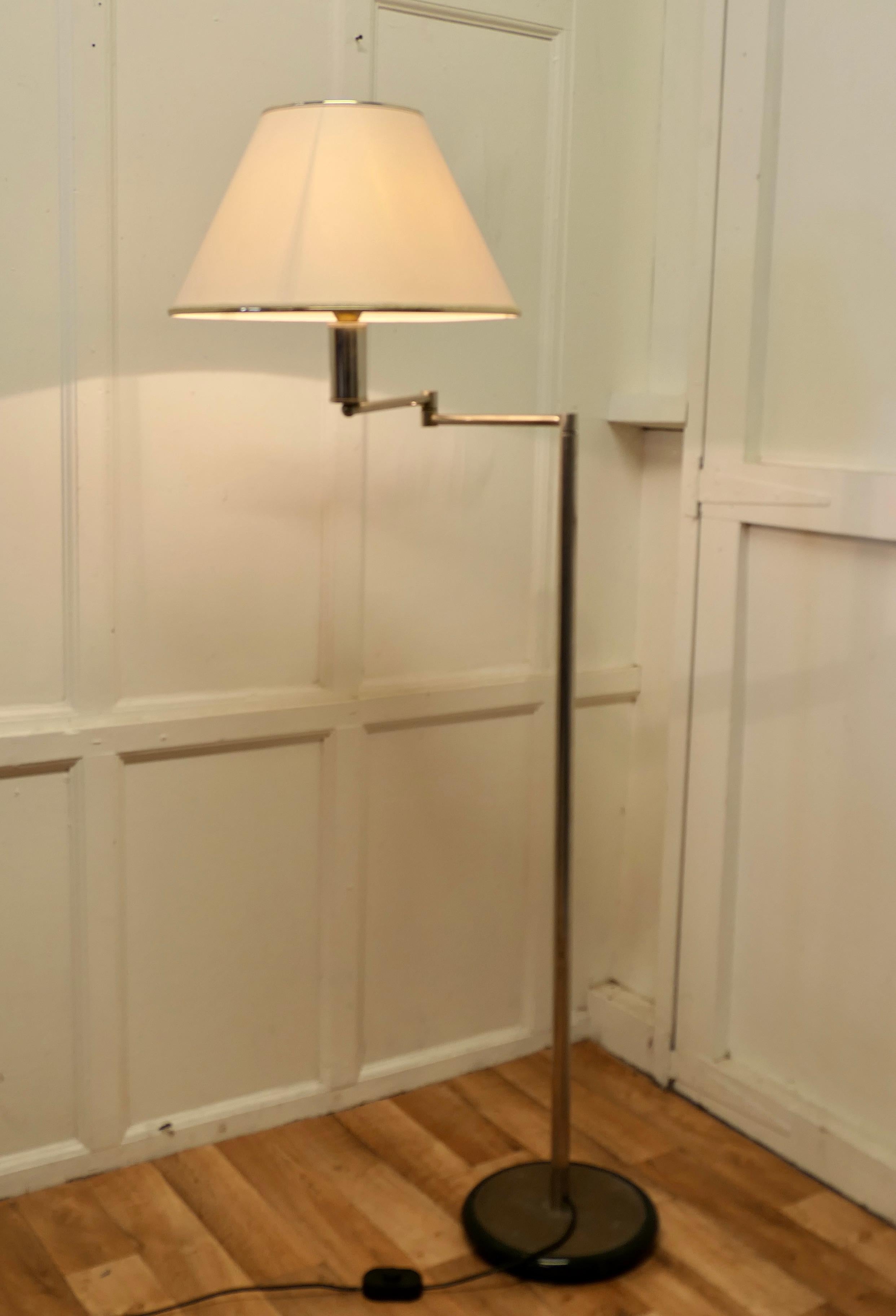 French Art Deco Adjustable swing arm chrome and brass floor lamp

This is an unusual piece, the lamp has a heavy brass base which supports a chrome column with an adjustable Swing Arm on a full height column, this can be moved to adjust the