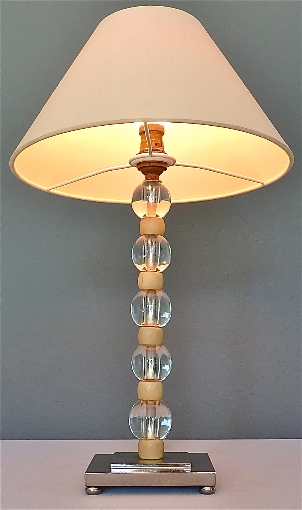 French Art Deco Adnet Baccarat Style Table Lamp Chrome Glass Ivory Color 1930s For Sale 9