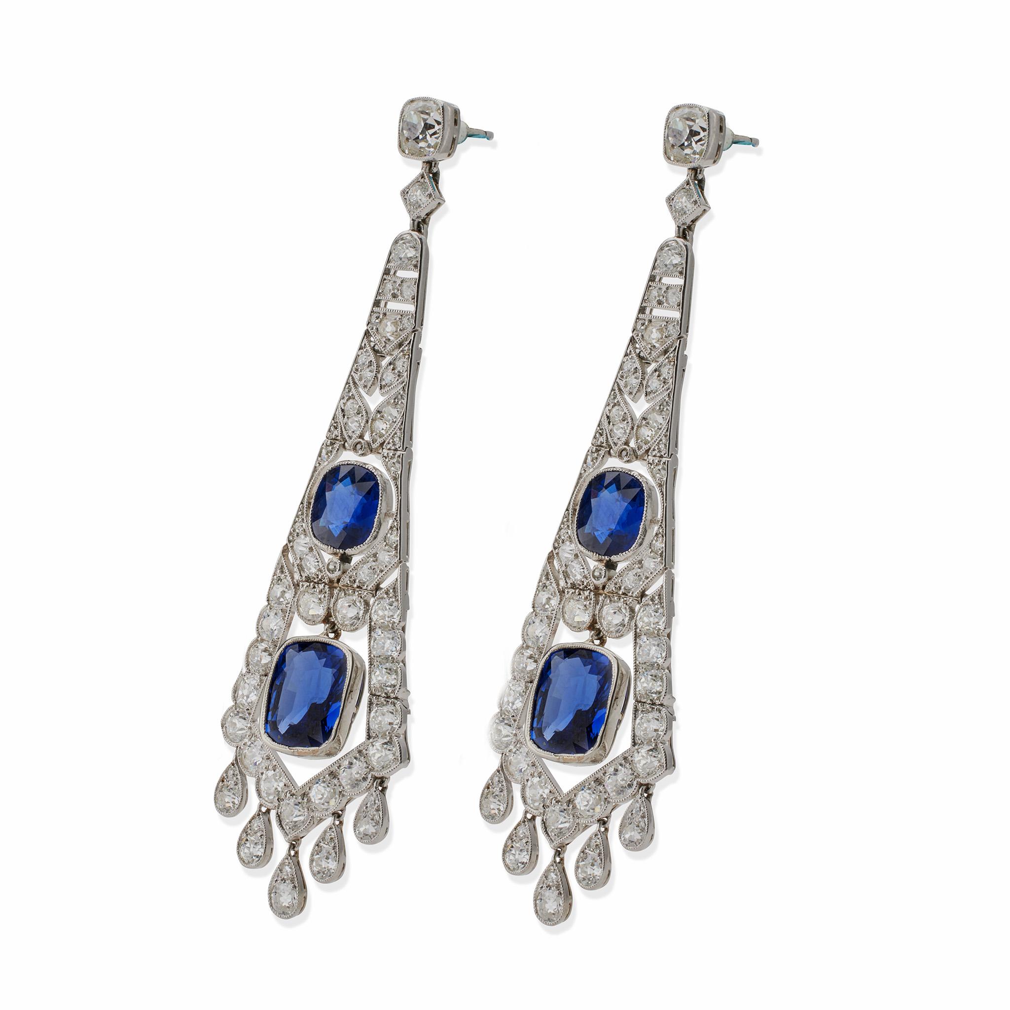 Cushion Cut French Art Deco AGL Natural No-Heat Sapphire and Diamond Pendant Earrings For Sale