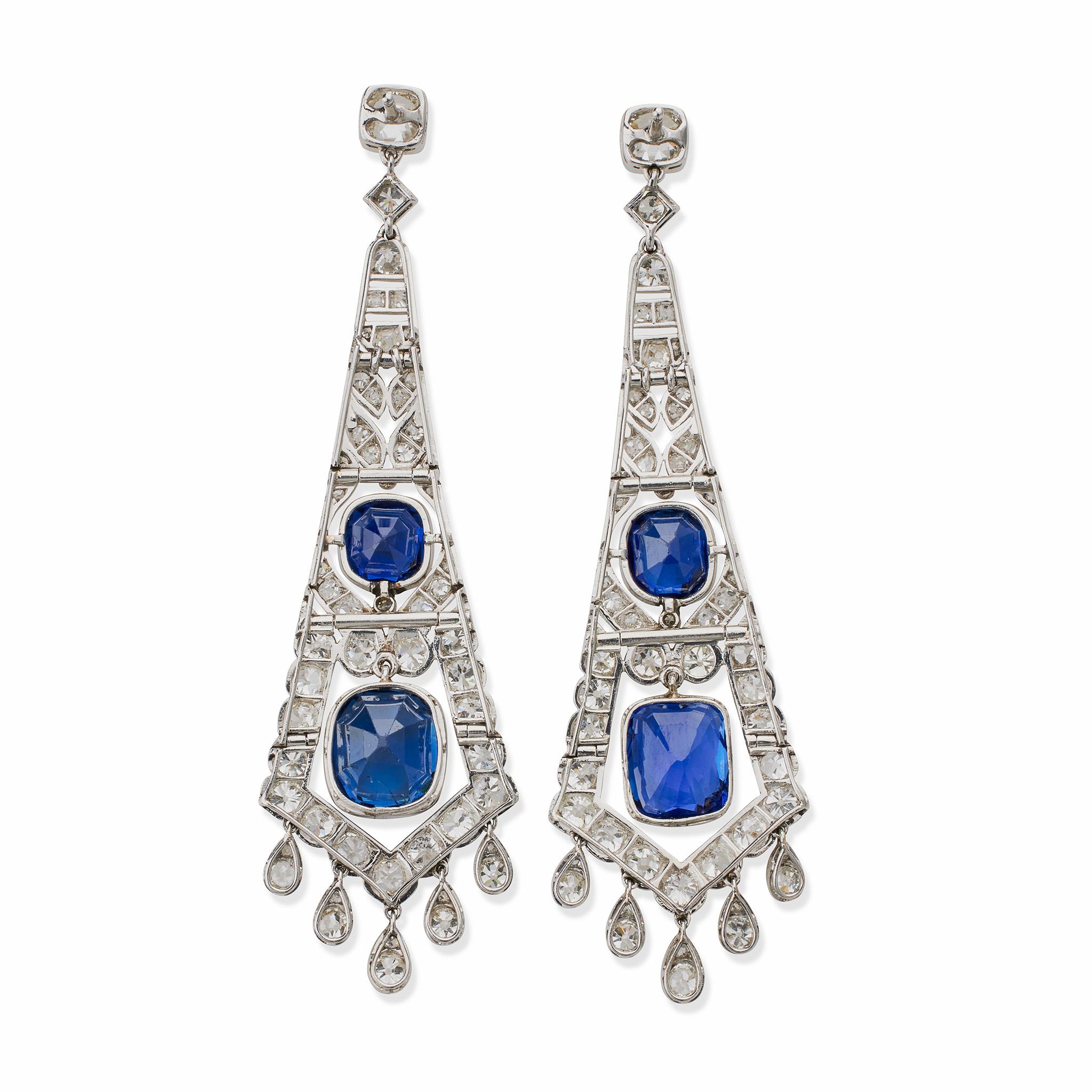 French Art Deco AGL Natural No-Heat Sapphire and Diamond Pendant Earrings In Excellent Condition For Sale In New York, NY