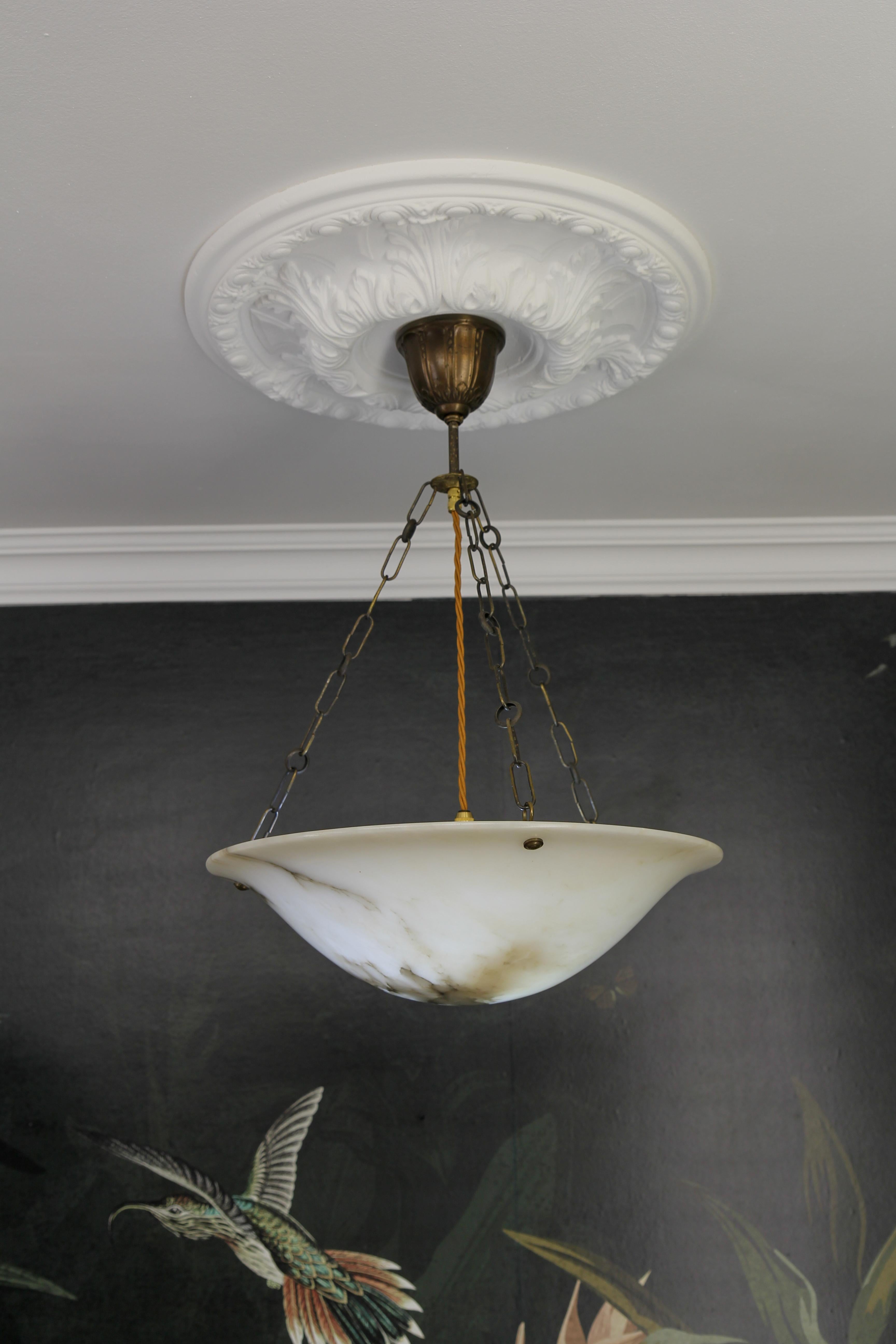 French Art Deco Alabaster and Brass Pendant Light, ca 1920 6