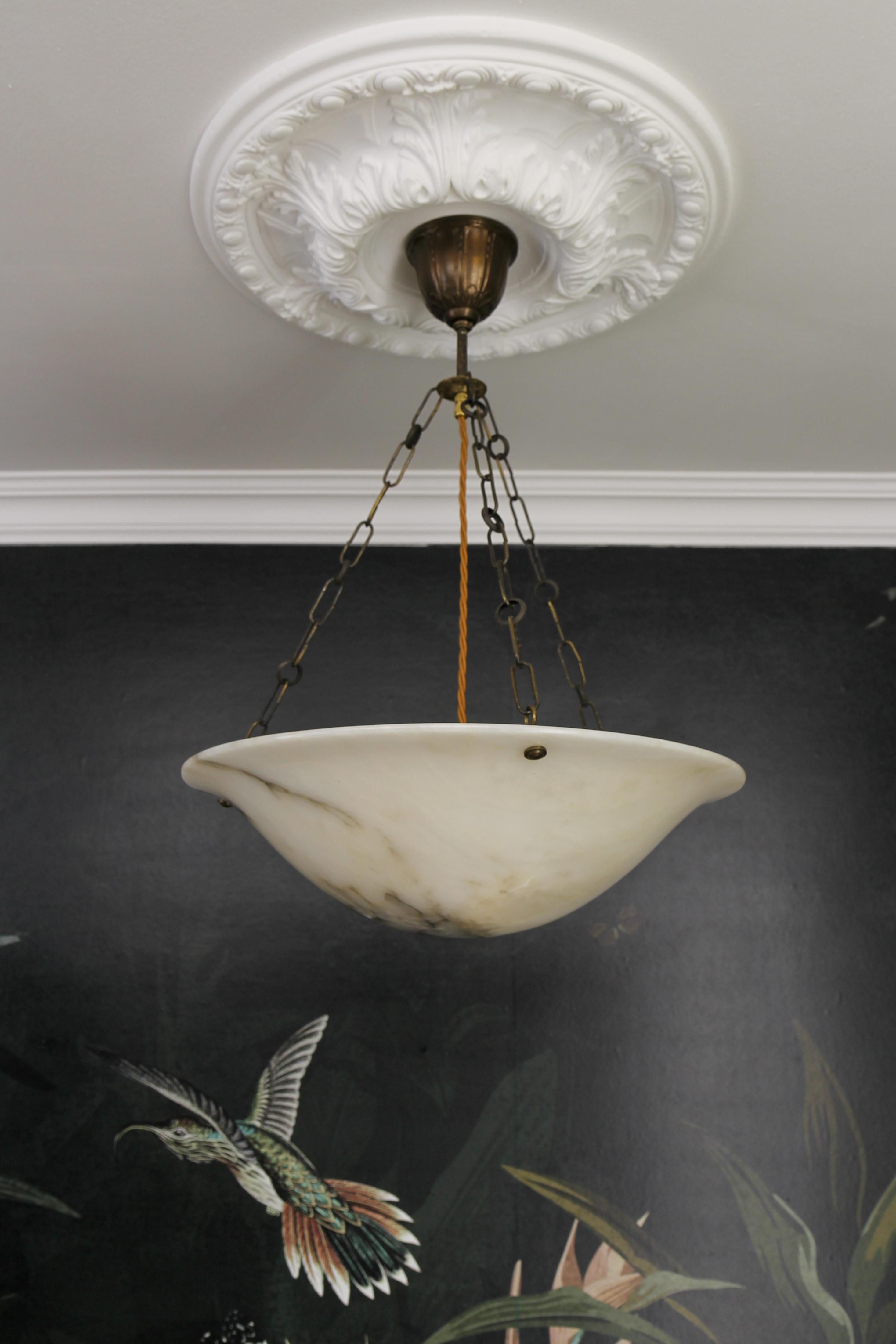 French Art Deco Alabaster and Brass Pendant Light, ca 1920 6