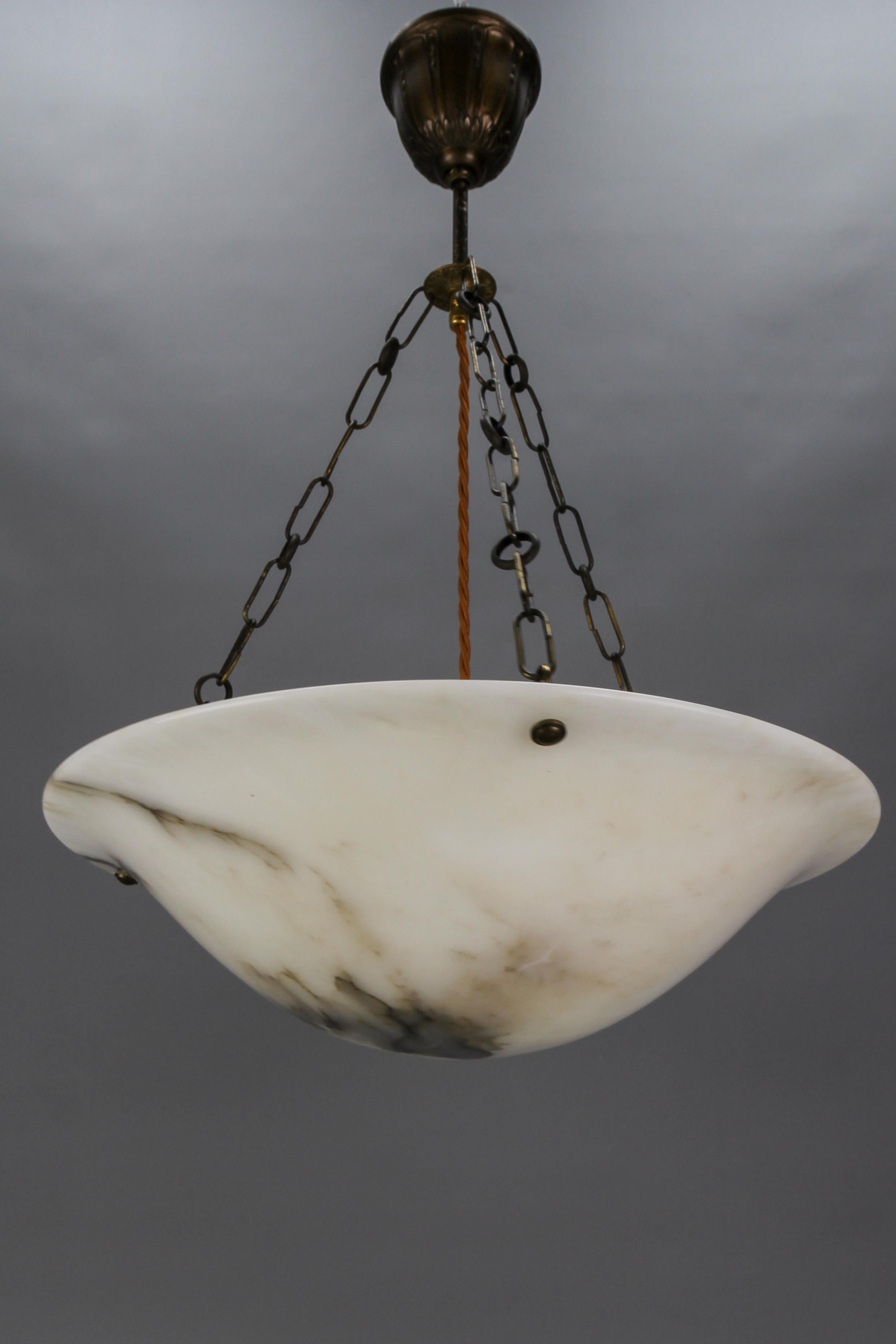 French Art Deco Alabaster and Brass Pendant Light, ca 1920 8