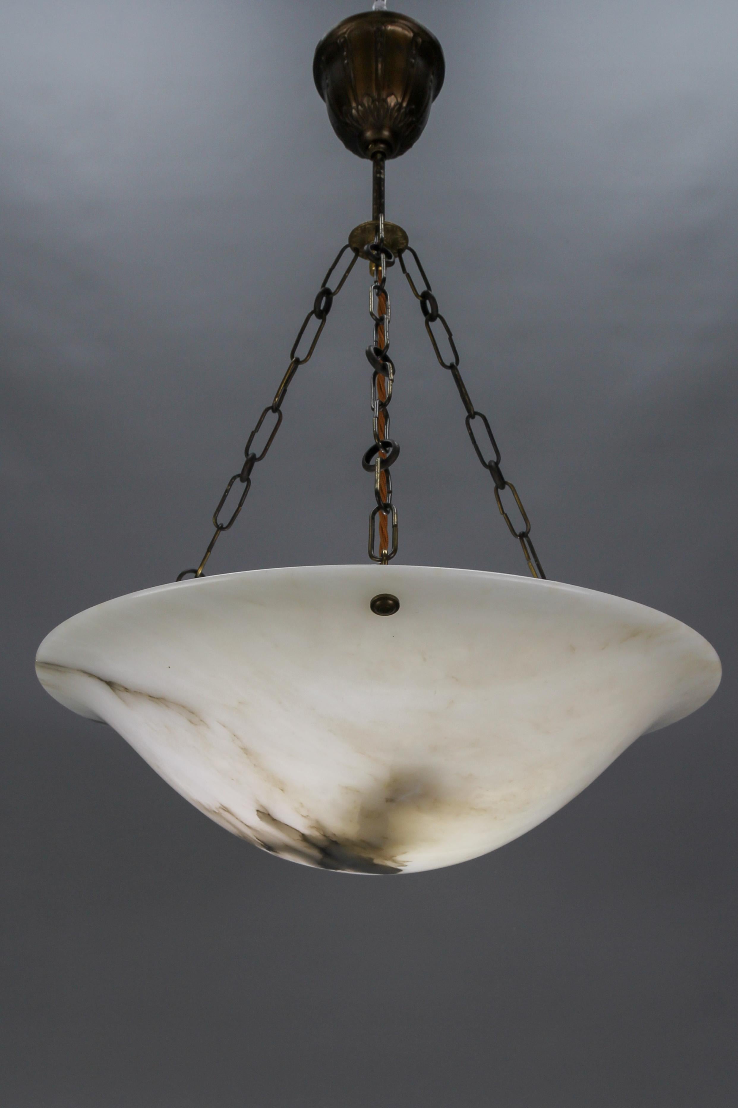 French Art Deco Alabaster and Brass Pendant Light, ca 1920 8