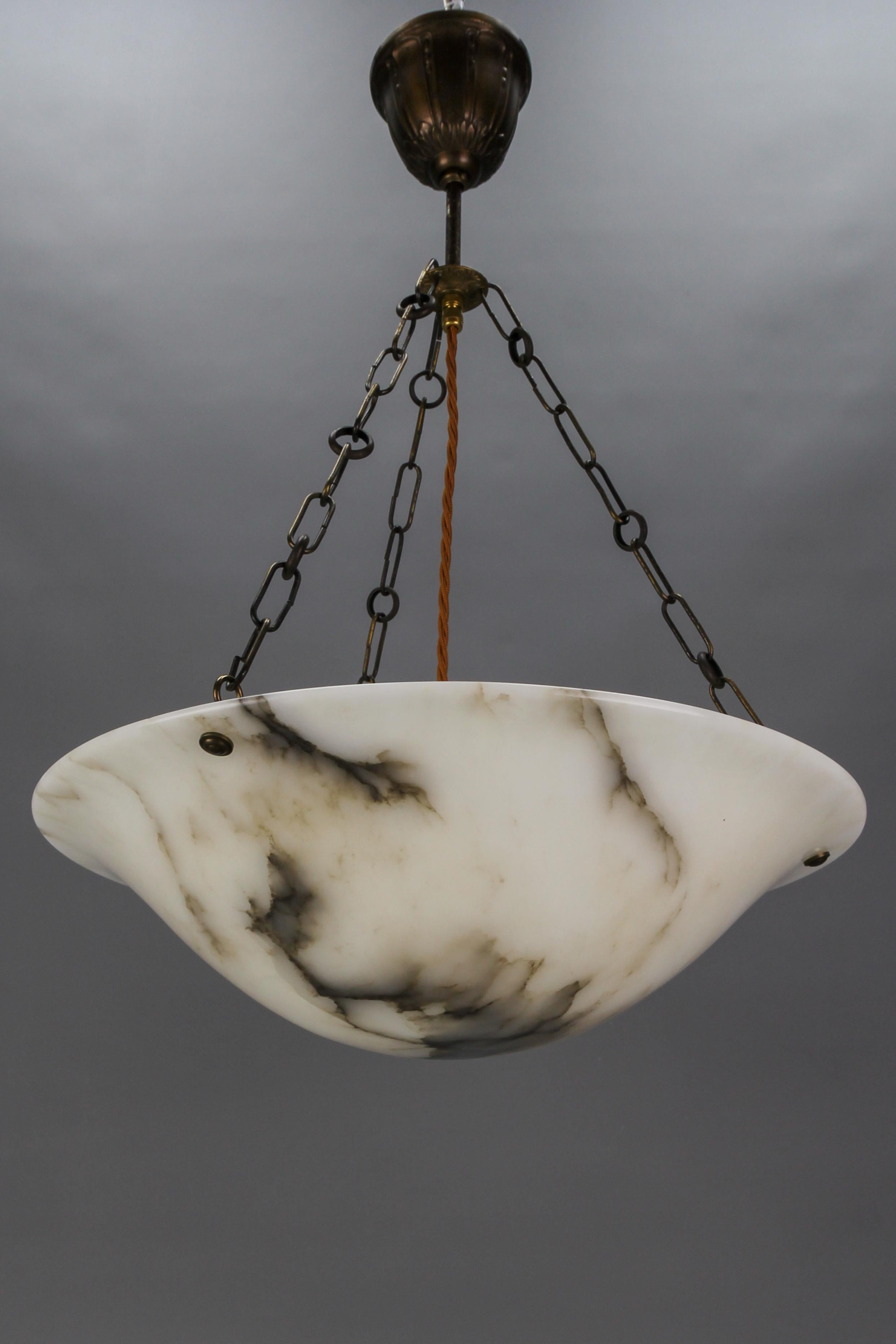 French Art Deco Alabaster and Brass Pendant Light, ca 1920 9