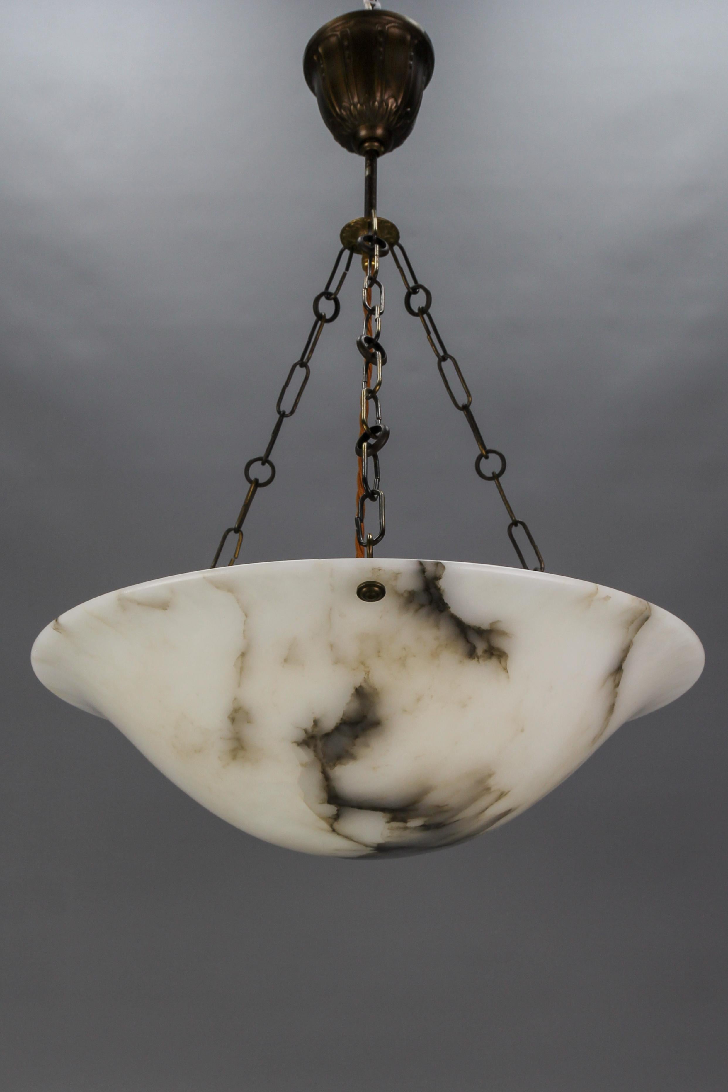 French Art Deco Alabaster and Brass Pendant Light, ca 1920 11