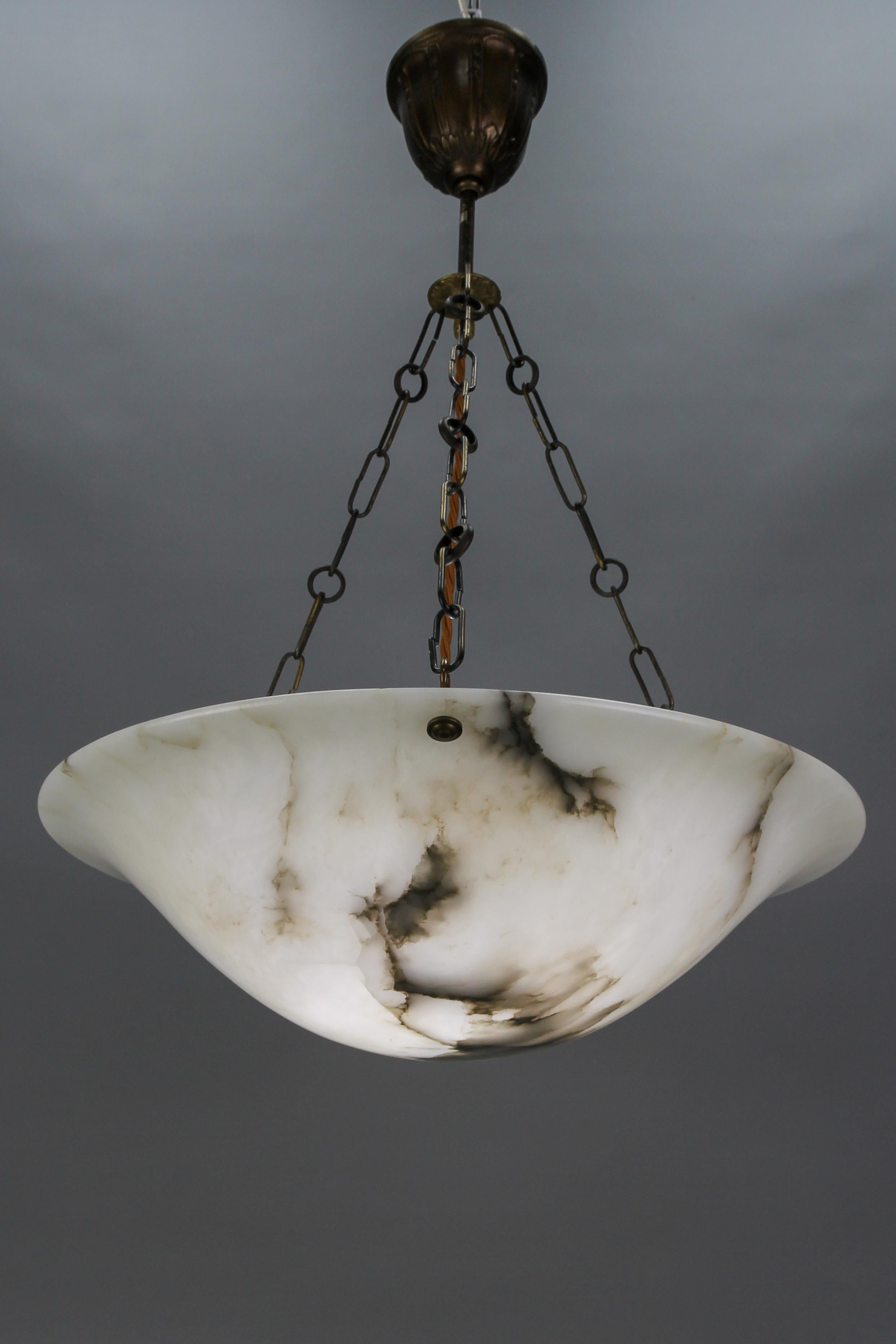 French Art Deco Alabaster and Brass Pendant Light, ca 1920 12