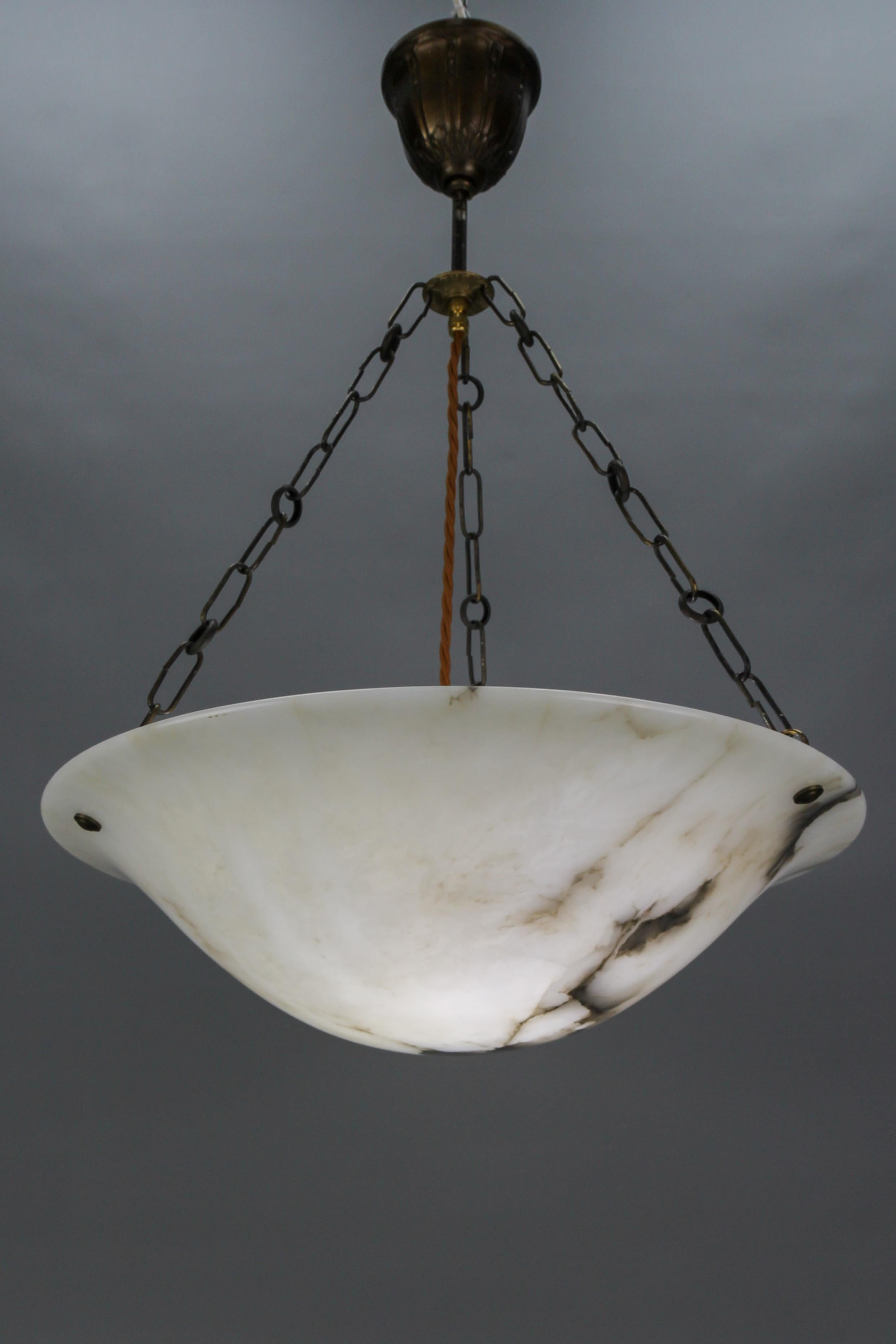 French Art Deco Alabaster and Brass Pendant Light, ca 1920 13