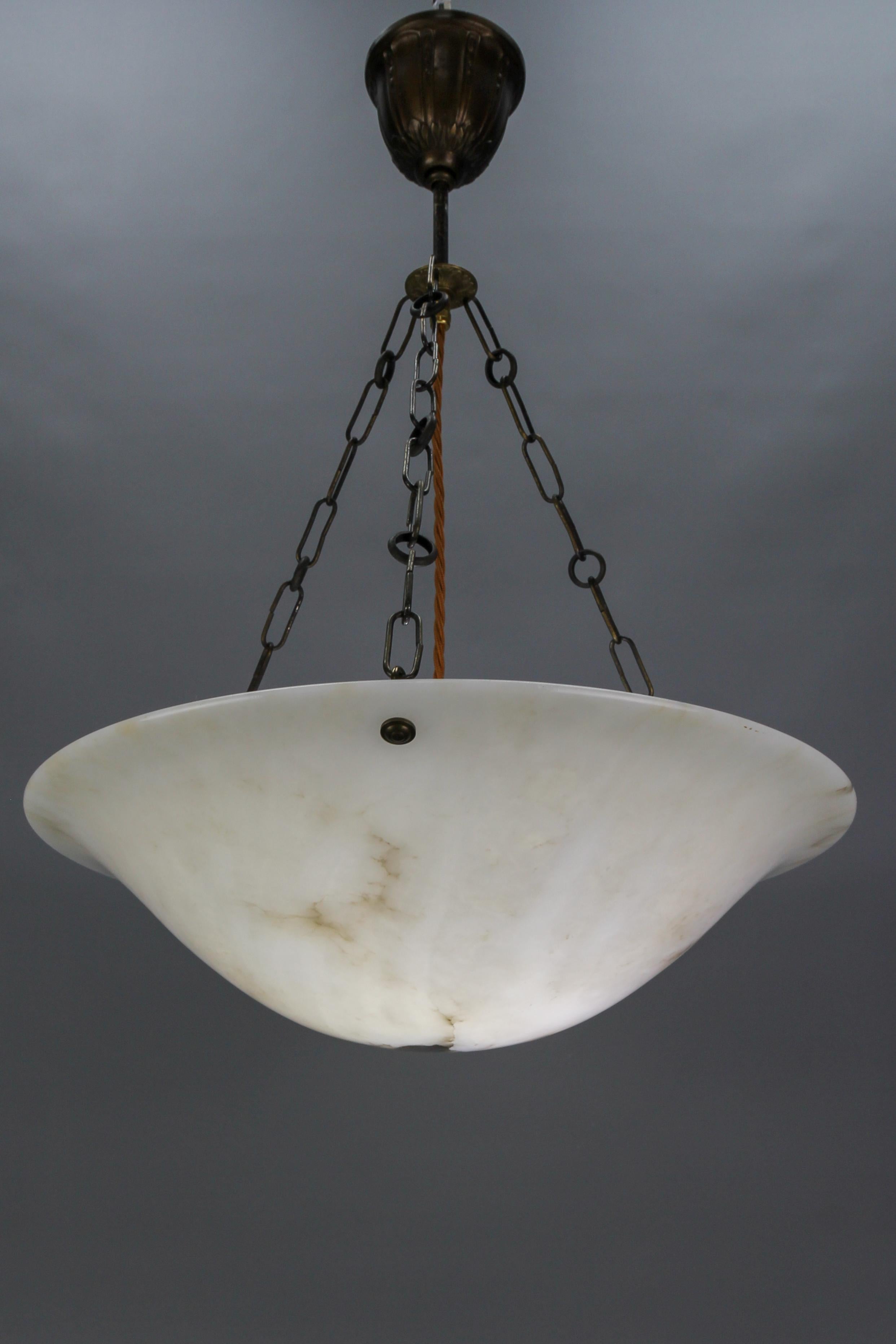 French Art Deco Alabaster and Brass Pendant Light, ca 1920 13