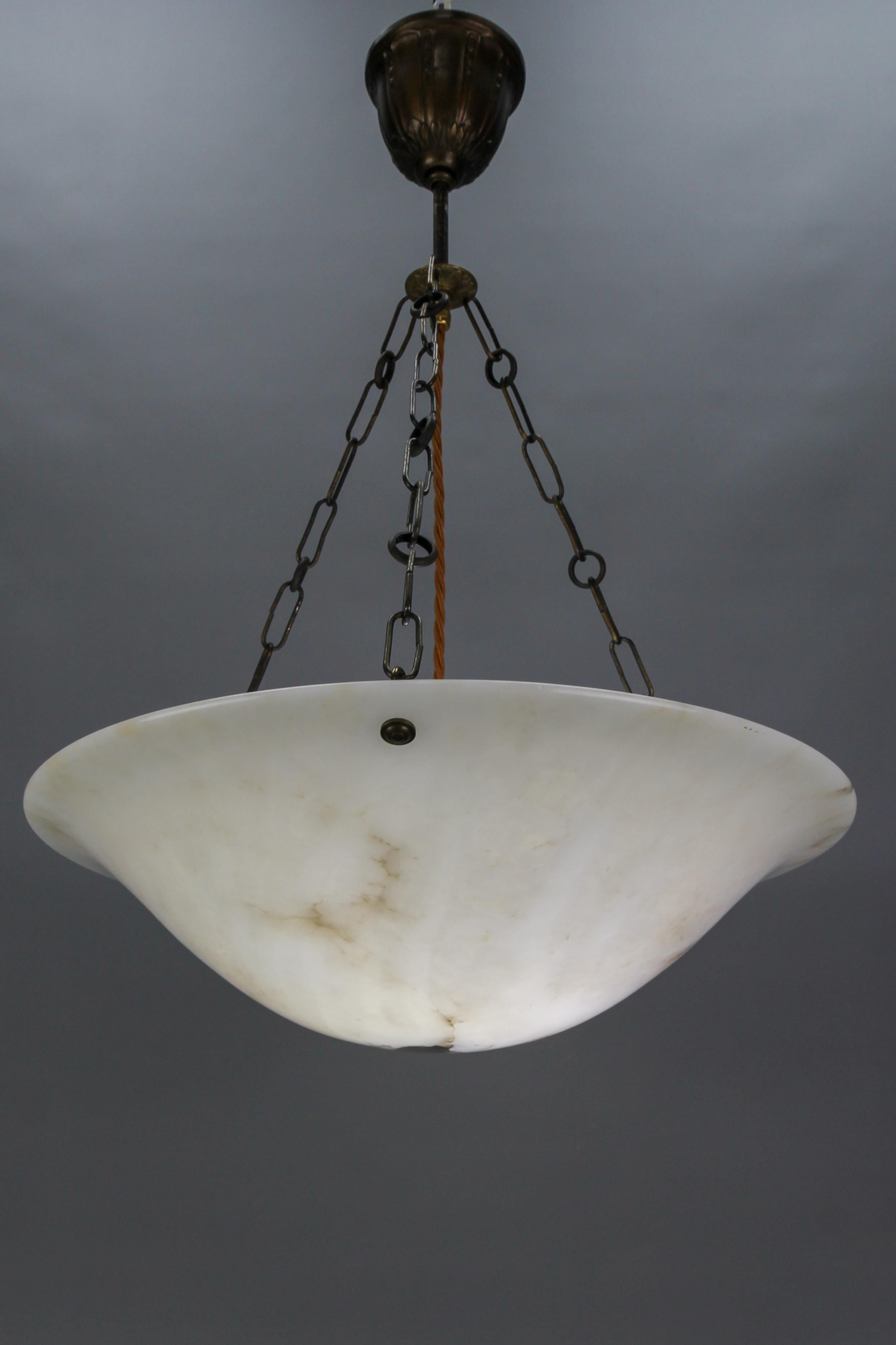 French Art Deco Alabaster and Brass Pendant Light, ca 1920 14