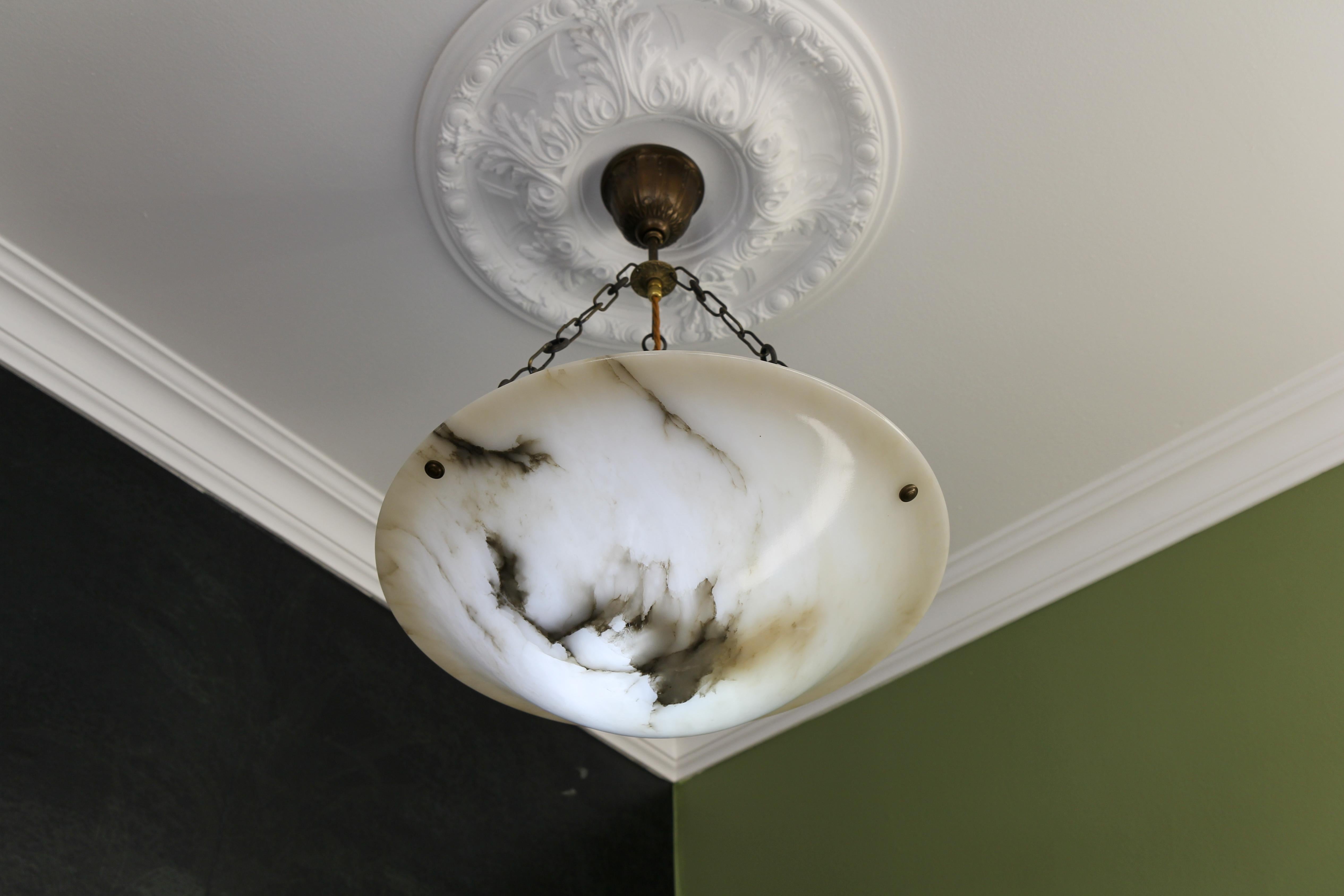 French Art Deco Alabaster and Brass Pendant Light, ca 1920 1