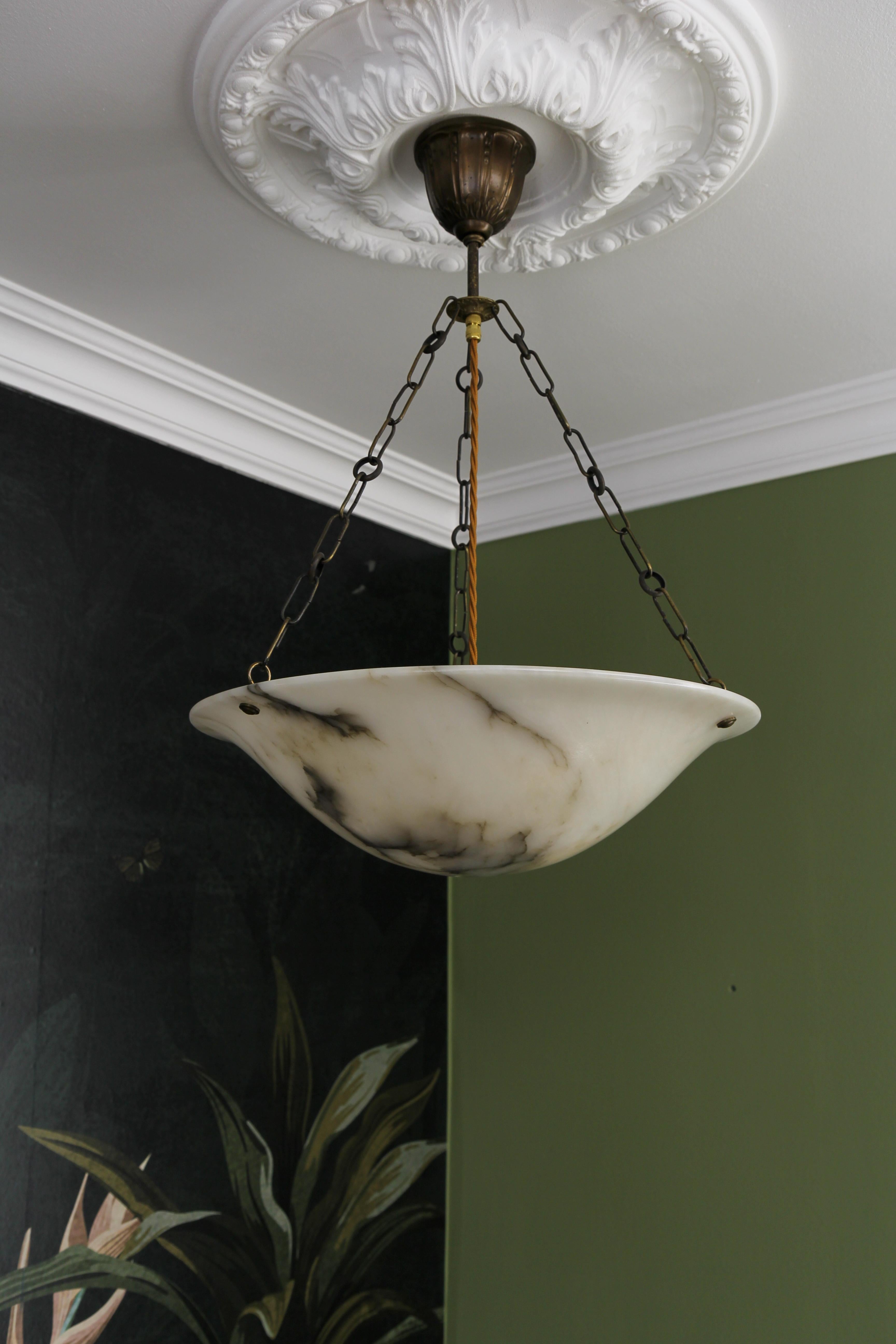 French Art Deco Alabaster and Brass Pendant Light, ca 1920 3