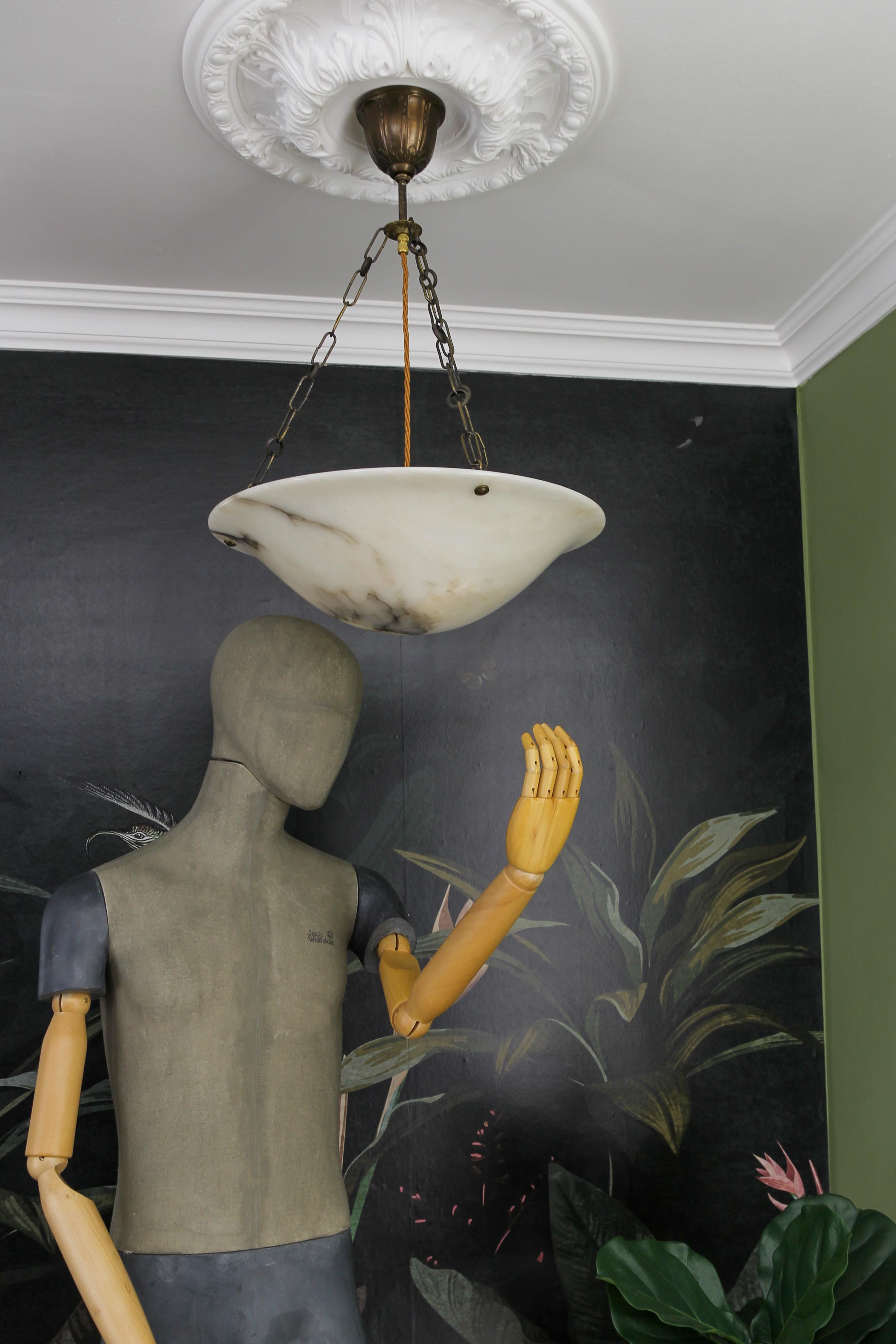 French Art Deco Alabaster and Brass Pendant Light, ca 1920 4