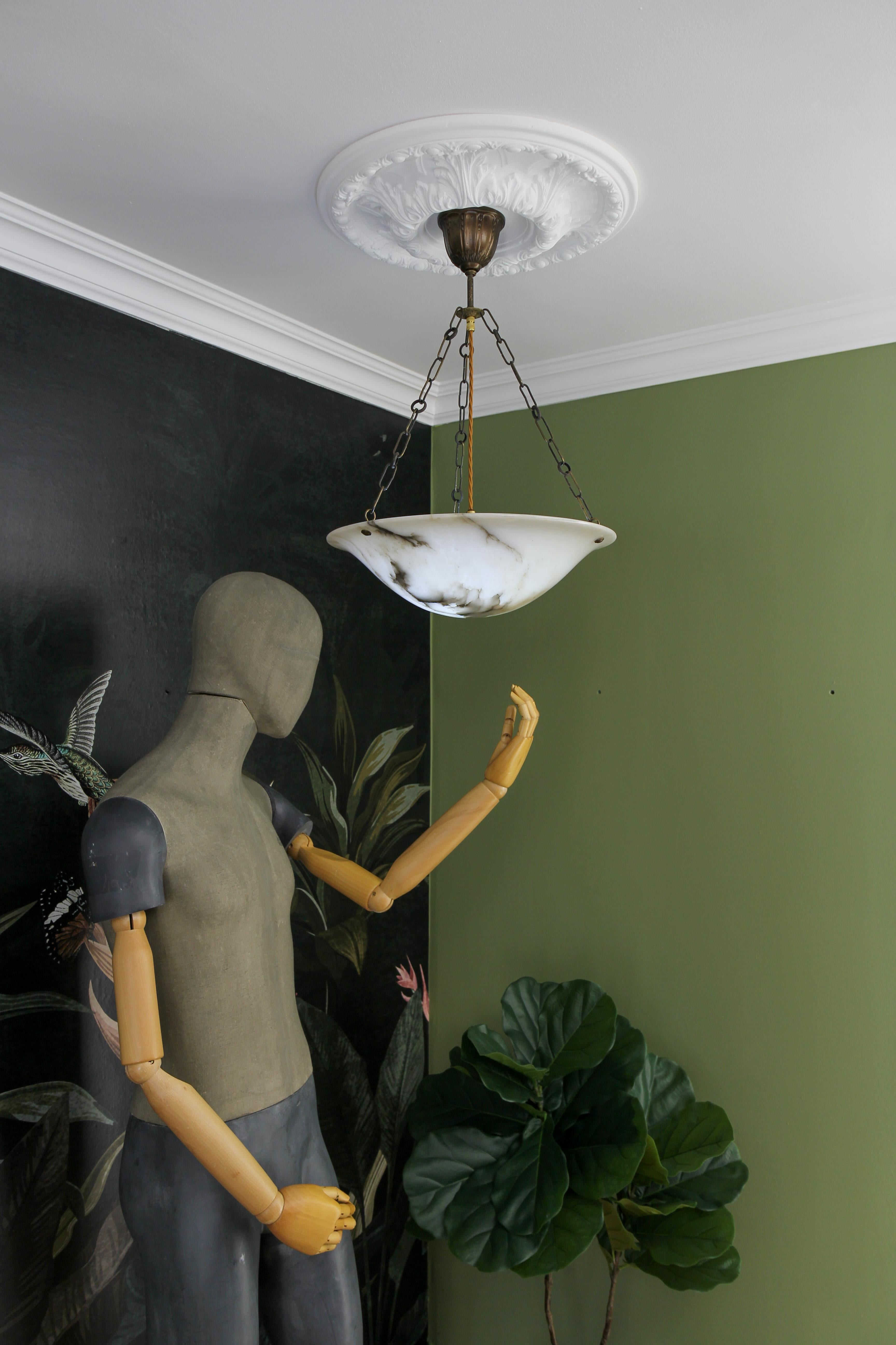 French Art Deco Alabaster and Brass Pendant Light, ca 1920 5
