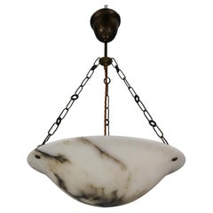 Antique French Art Deco Alabaster and Brass Pendant Light, ca 1920