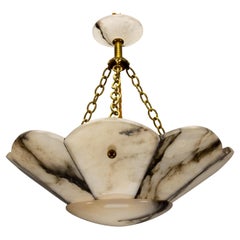 French Art Deco Alabaster and Brass Pendant Light with Segmented Shade, 1920s