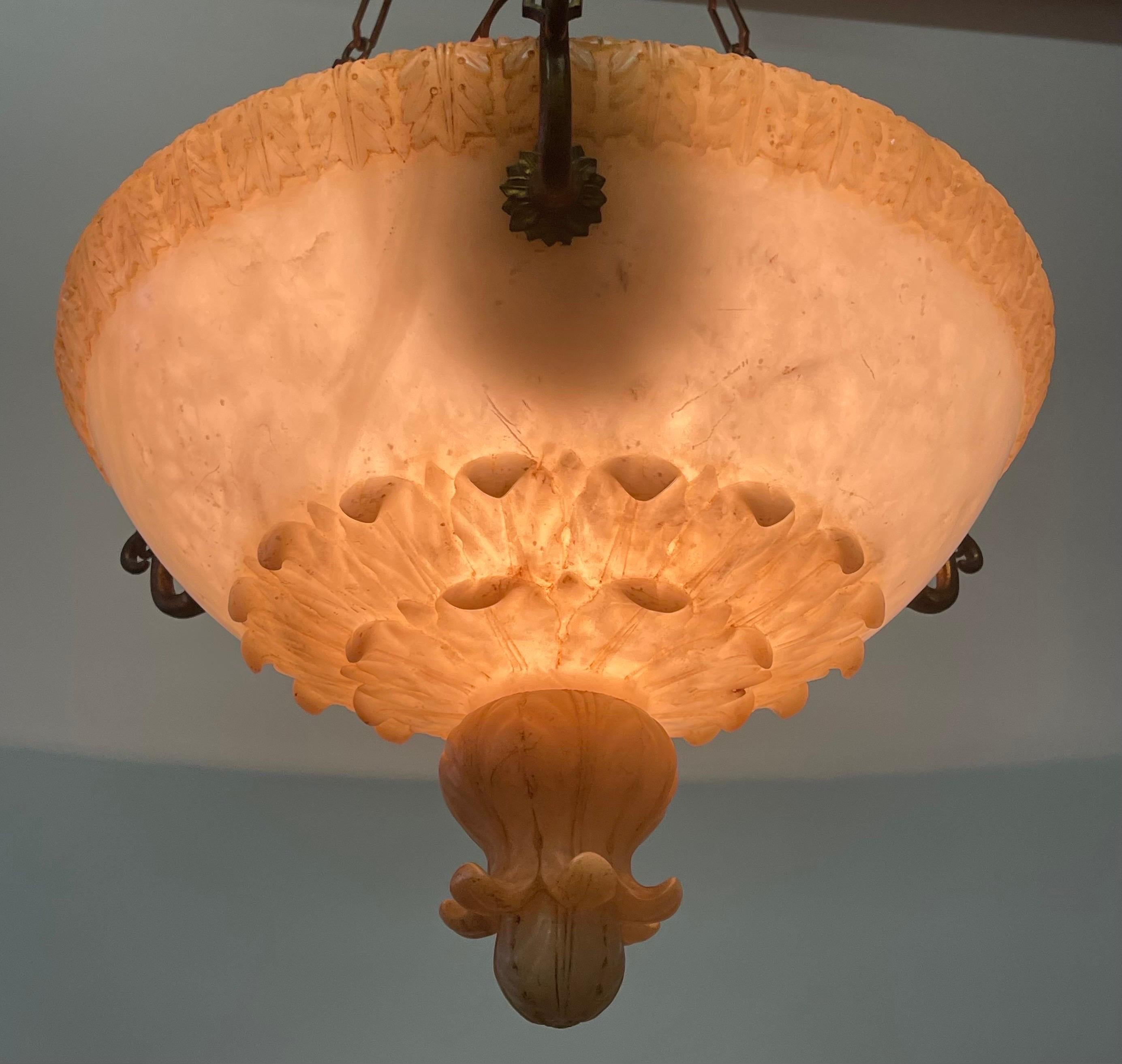 French Art Deco Alabaster and Bronze Pendant Chandelier, circa 1925 For Sale 10