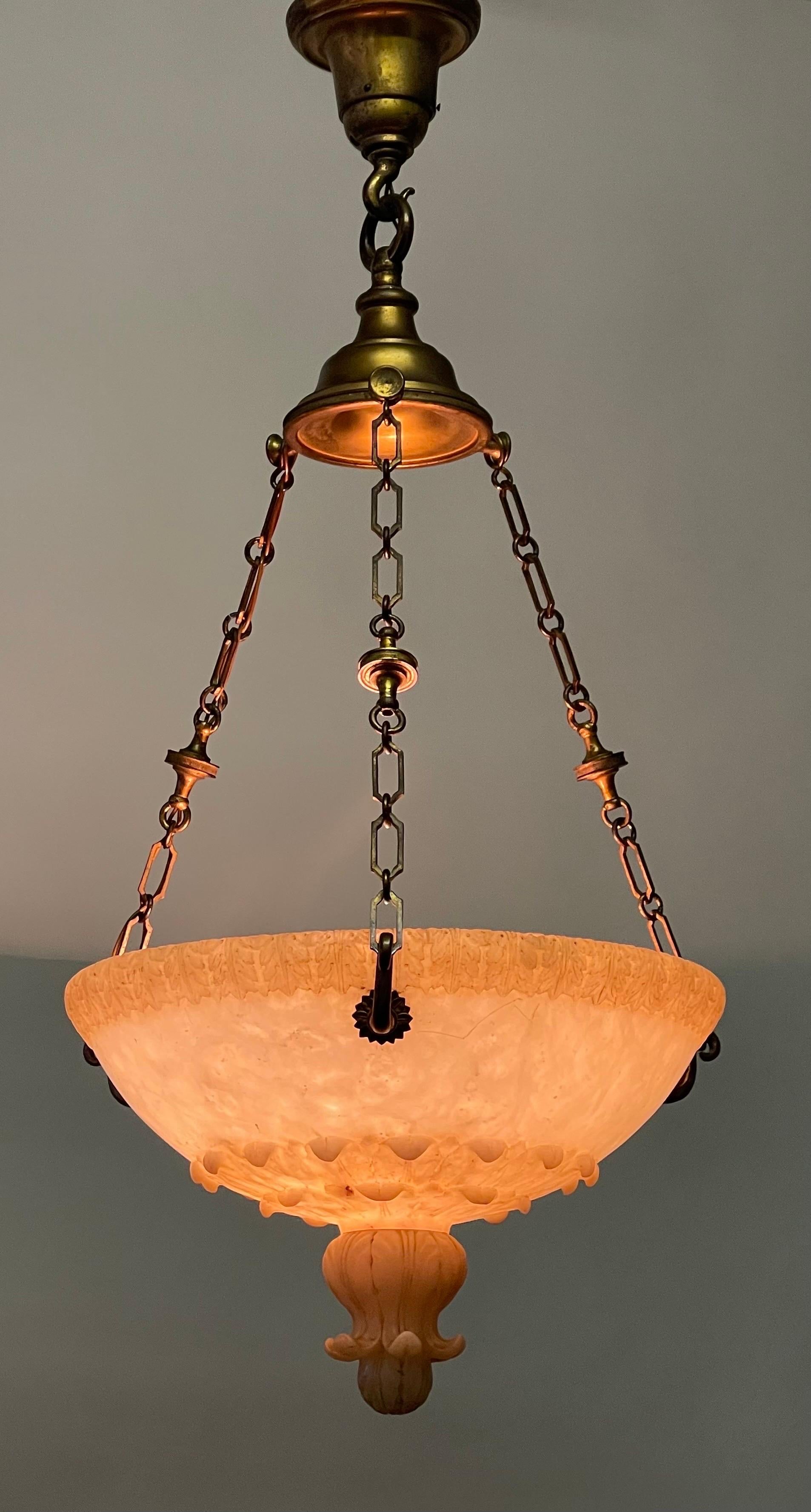 Gilt French Art Deco Alabaster and Bronze Pendant Chandelier, circa 1925 For Sale