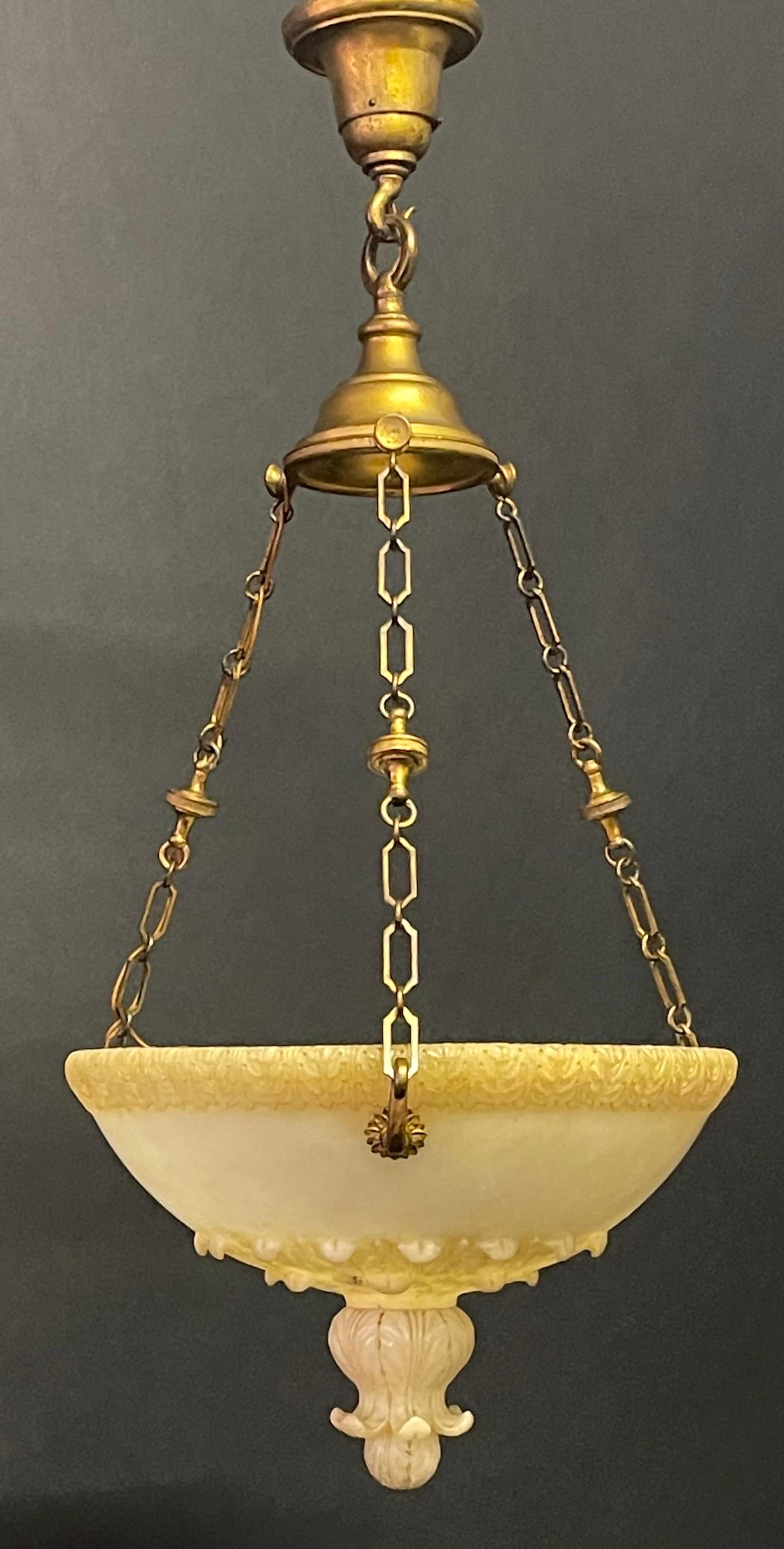 Early 20th Century French Art Deco Alabaster and Bronze Pendant Chandelier, circa 1925 For Sale