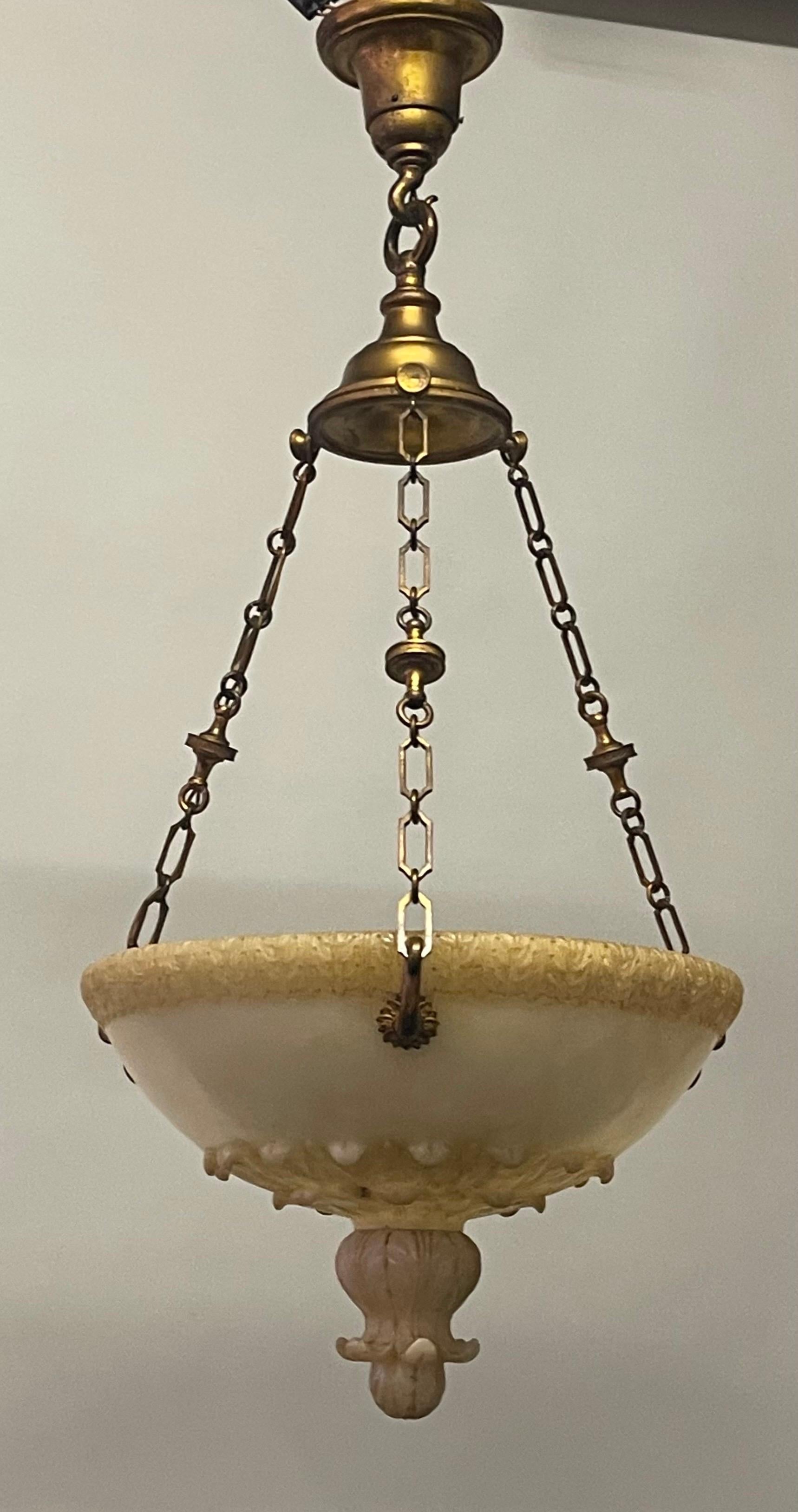 French Art Deco Alabaster and Bronze Pendant Chandelier, circa 1925 For Sale 1