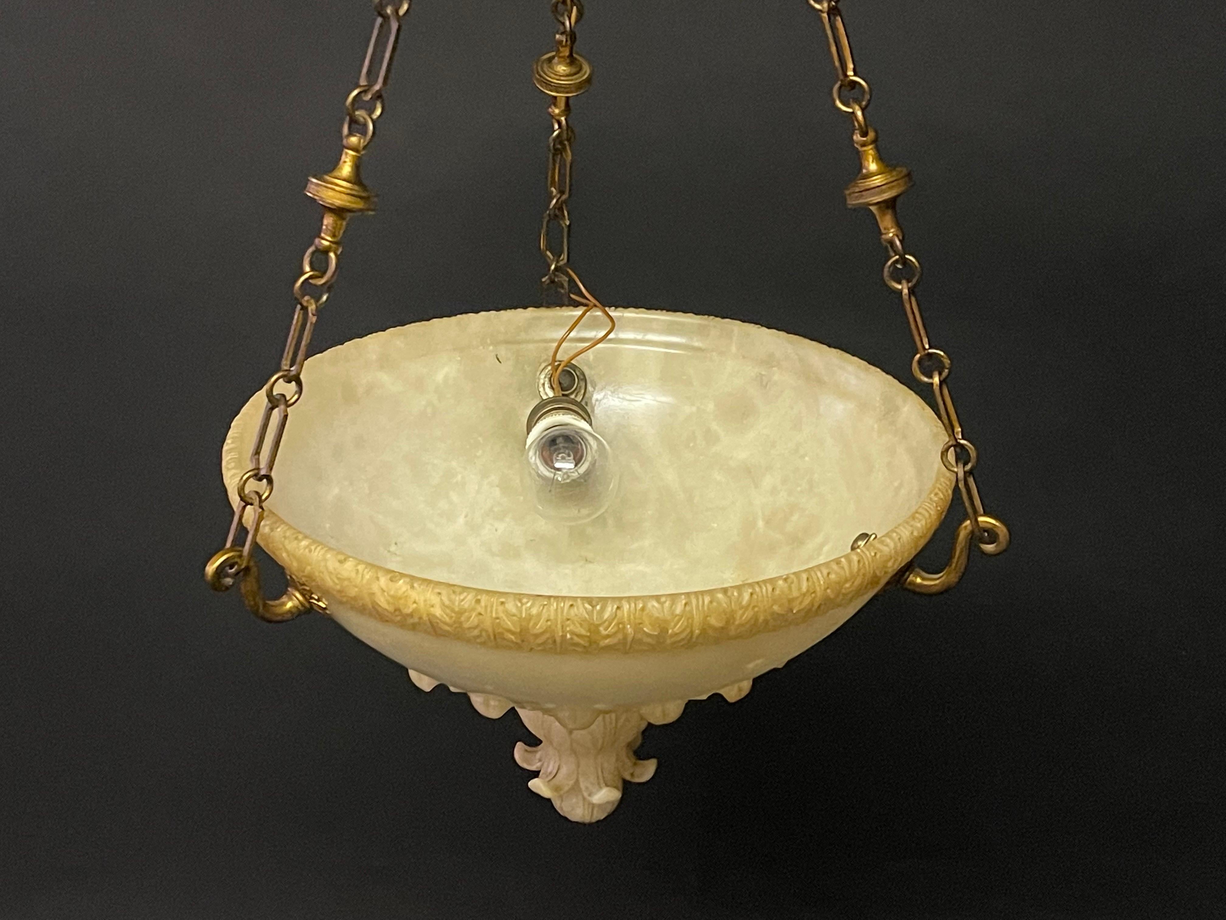French Art Deco Alabaster and Bronze Pendant Chandelier, circa 1925 For Sale 2