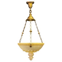 French Art Deco Alabaster and Bronze Pendant Chandelier, circa 1925