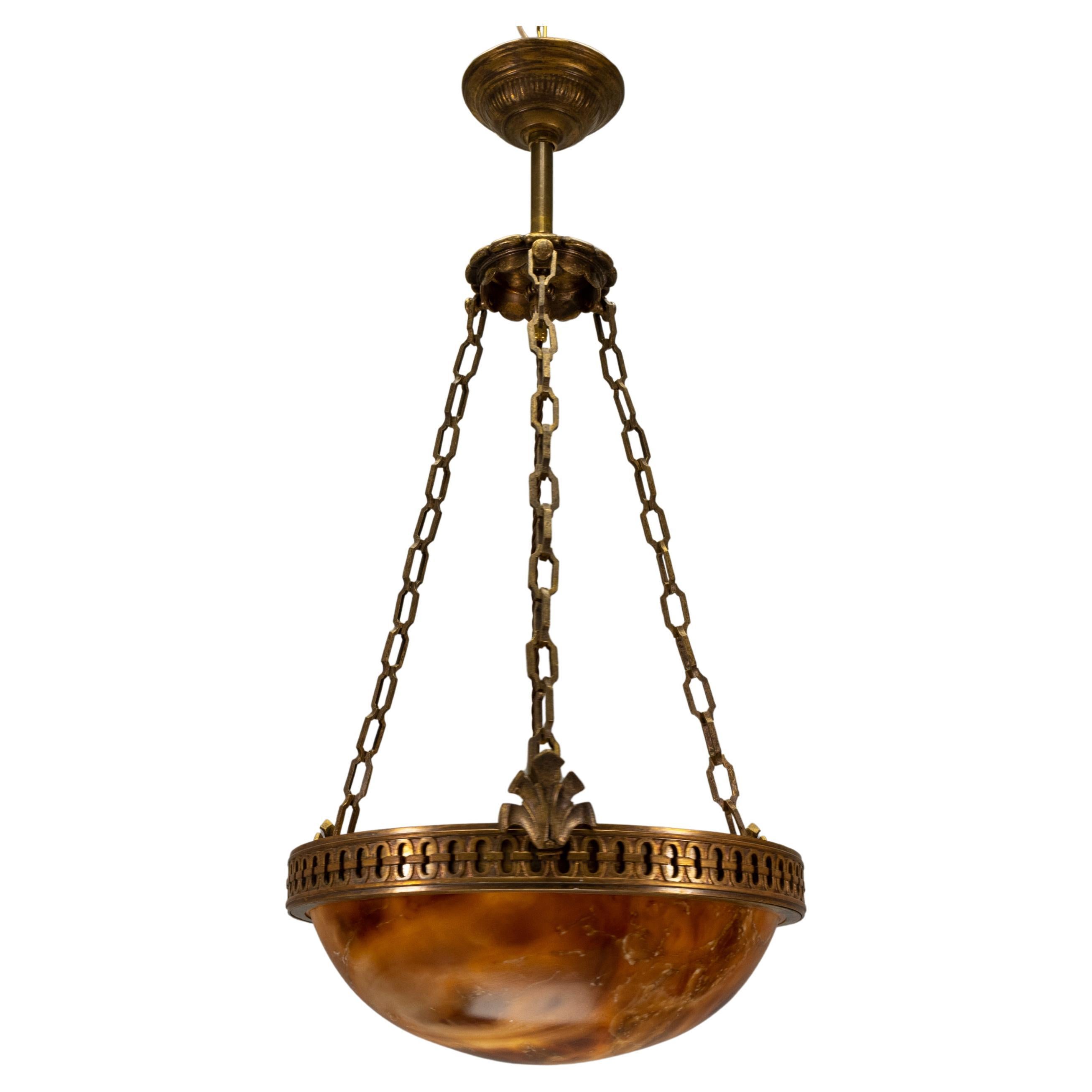 French Art Deco Alabaster and Bronze Pendant Light, circa 1920s