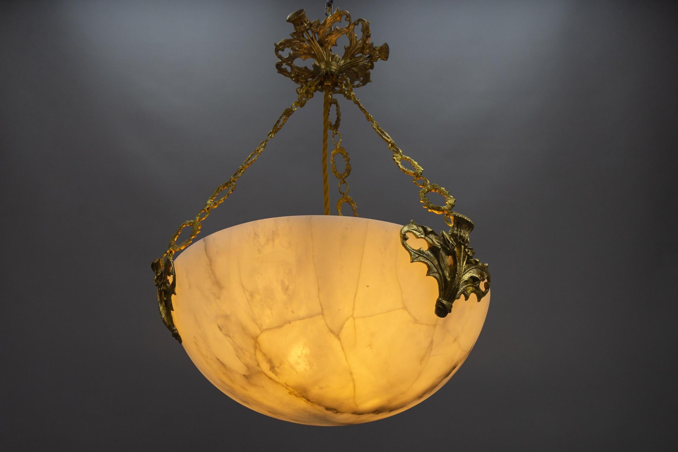 French Art Deco Alabaster and Bronze Thistle Pendant Light Fixture, ca. 1920 For Sale 6