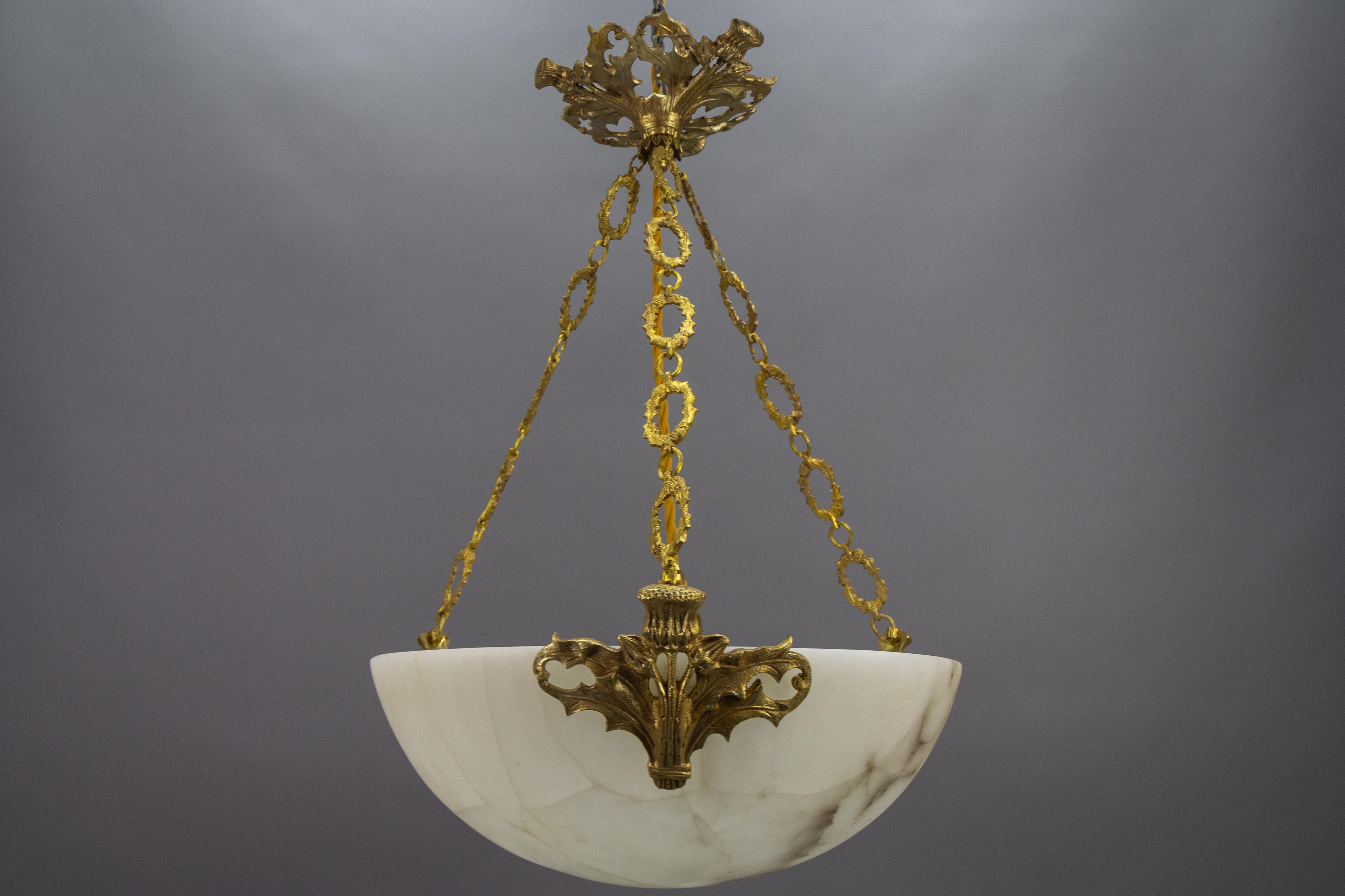 French Art Deco Alabaster and Bronze Thistle Pendant Light Fixture, ca. 1920 For Sale 7
