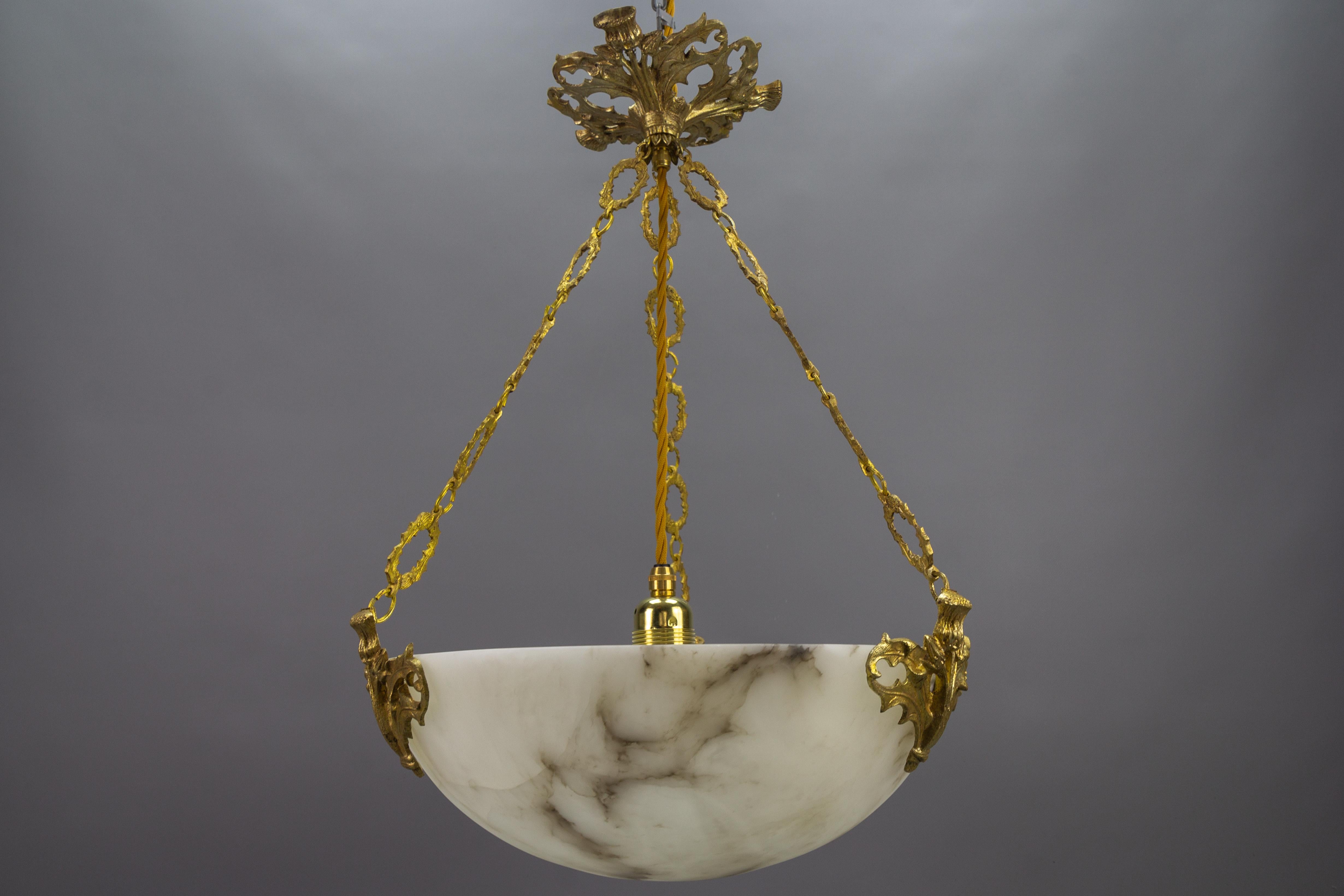 French Art Deco Alabaster and Bronze Thistle Pendant Light Fixture, ca. 1920 For Sale 8
