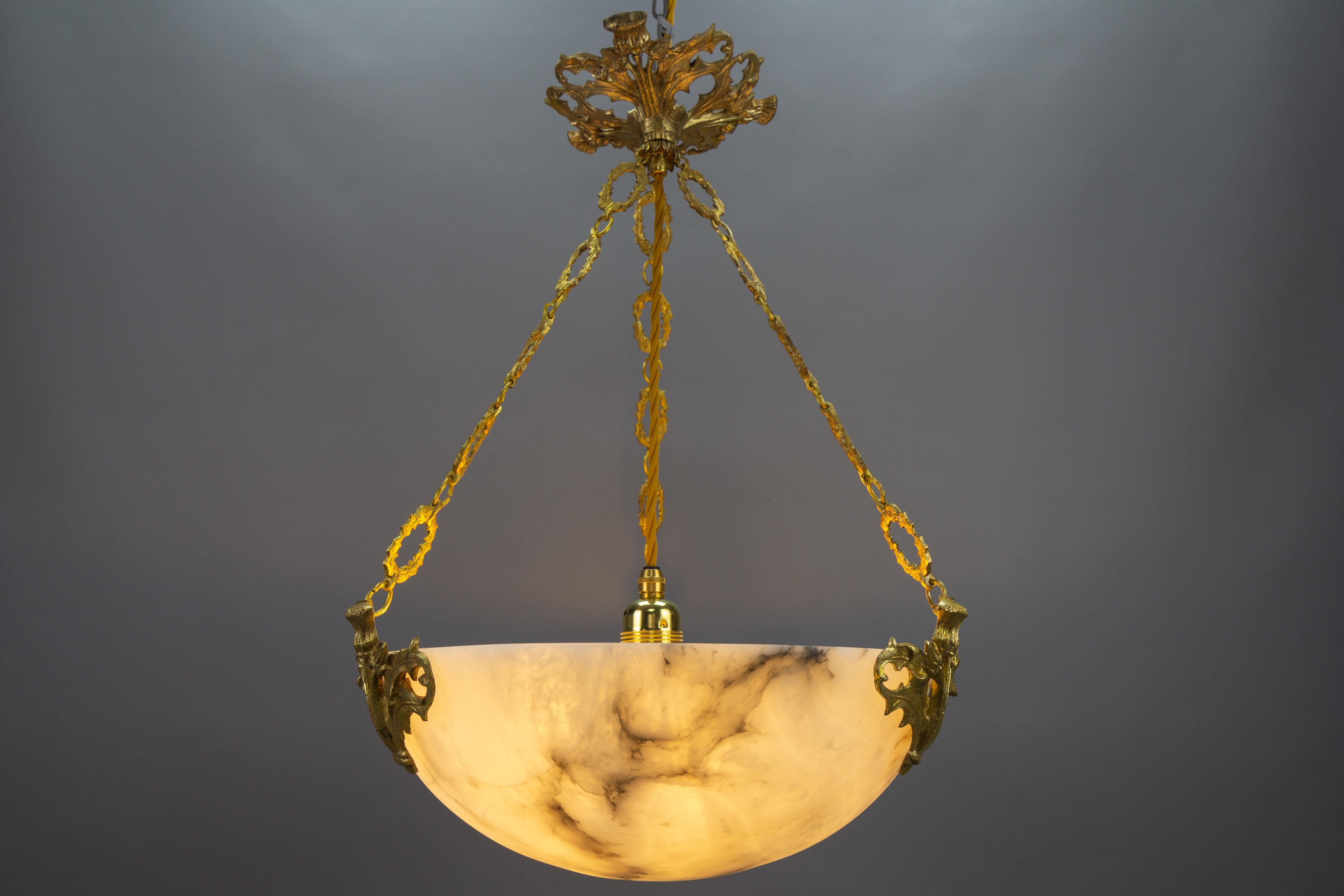 French Art Deco Alabaster and Bronze Thistle Pendant Light Fixture, ca. 1920 For Sale 9